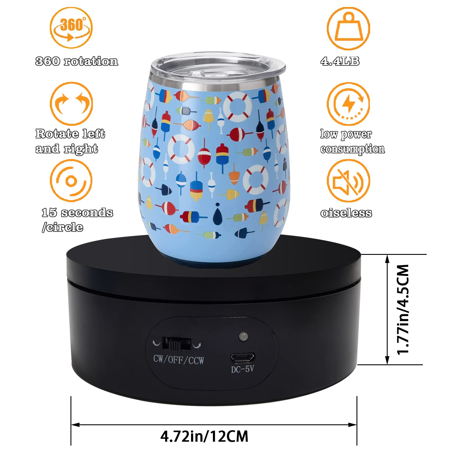 YVV Motorized Rotating Display Stand,Turner Cup Platform for Epoxy Glitter Tumbler, 360 Automatic Mute Rotating Turntable, Tumbler Making Supplies Spinner, Base for Product Video Show ,Balck 4.72in