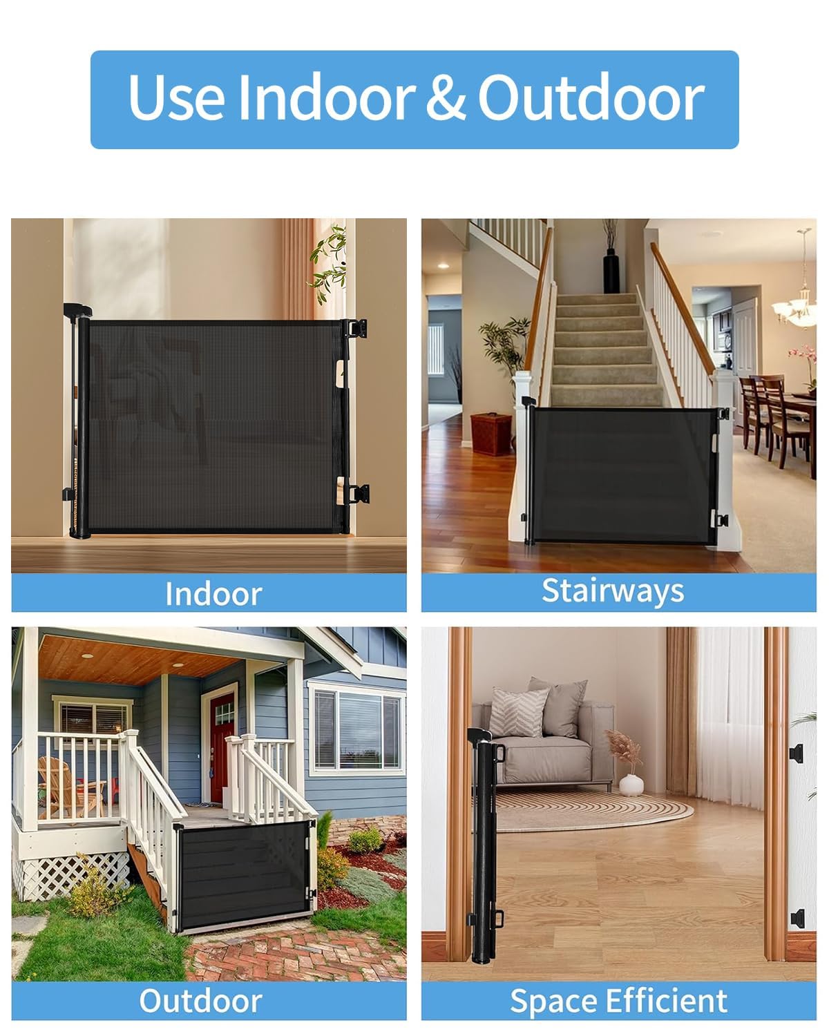 Veraste Retractable Baby Gate for Doorways and Stairs, Mesh Safety Gate for Pet, Indoor & Outdoor Use, One-Hand Operation, Easy Installation, 33.6" Tall, Expands to 55" Wide（Black,33.6"x55")