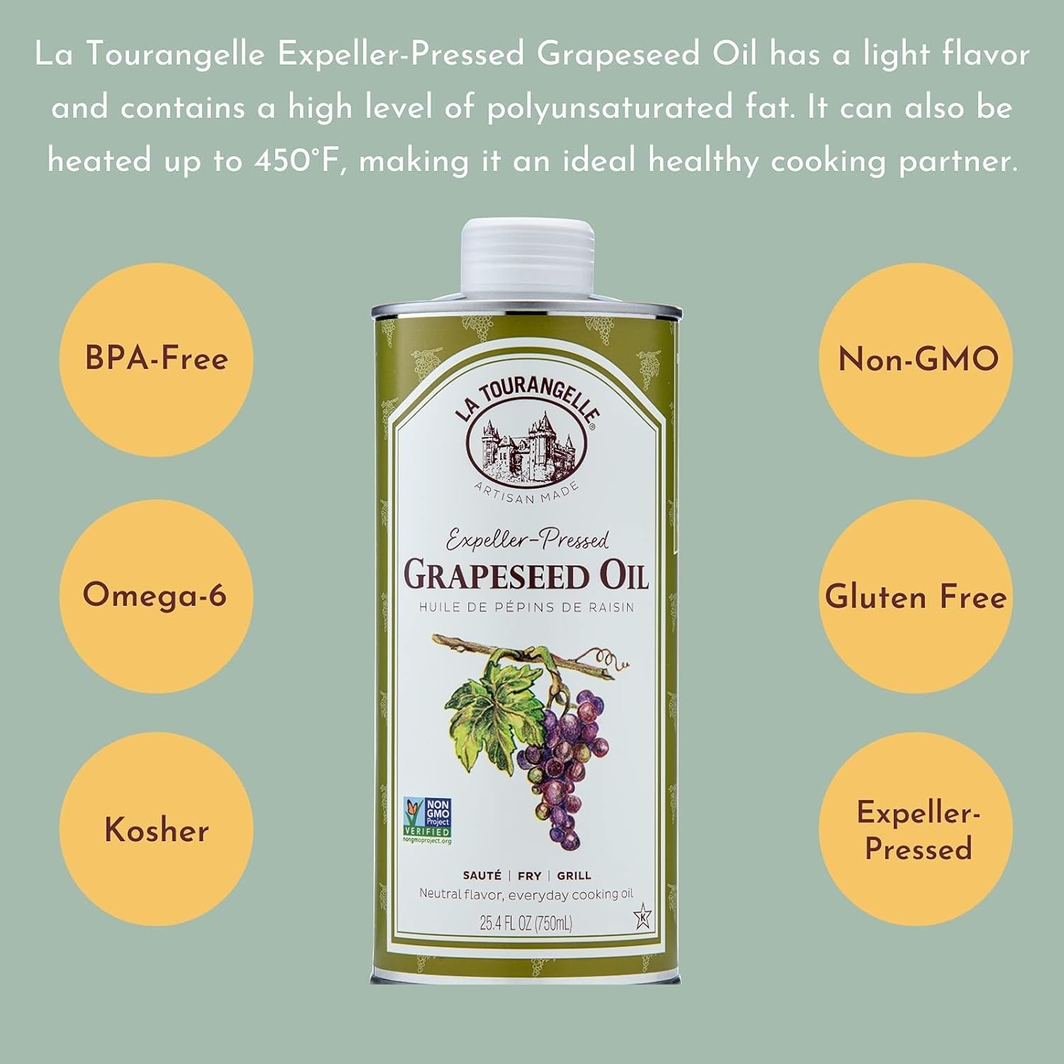 La Tourangelle, Expeller-Pressed Grapeseed Oil, High Heat Neutral Cooking Oil, Cast Iron Seasoning, Also Great for Skin, Hair, and DIY Beauty Recipes, 16.9 fl oz