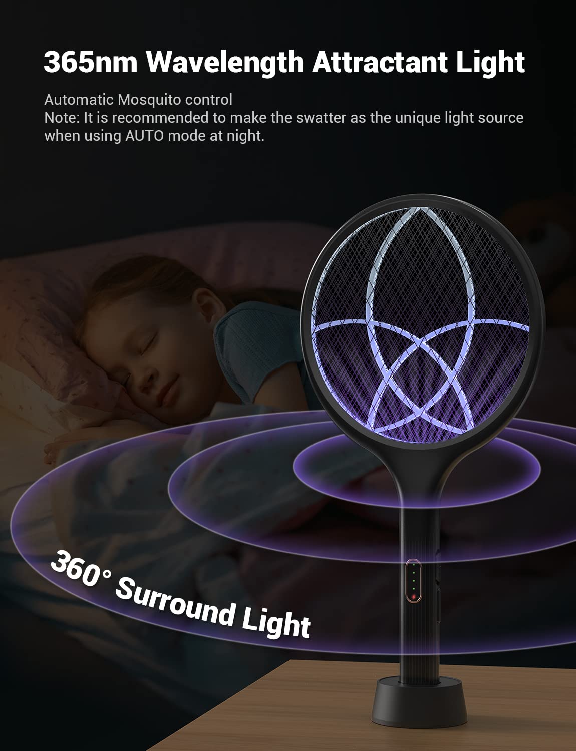 YISSVIC Electric Fly Swatter Bug Zapper Racket Dual Modes Mosquito Killer with Purple Mosquito Light Rechargeable for Indoor Home Office Backyard Patio Camping