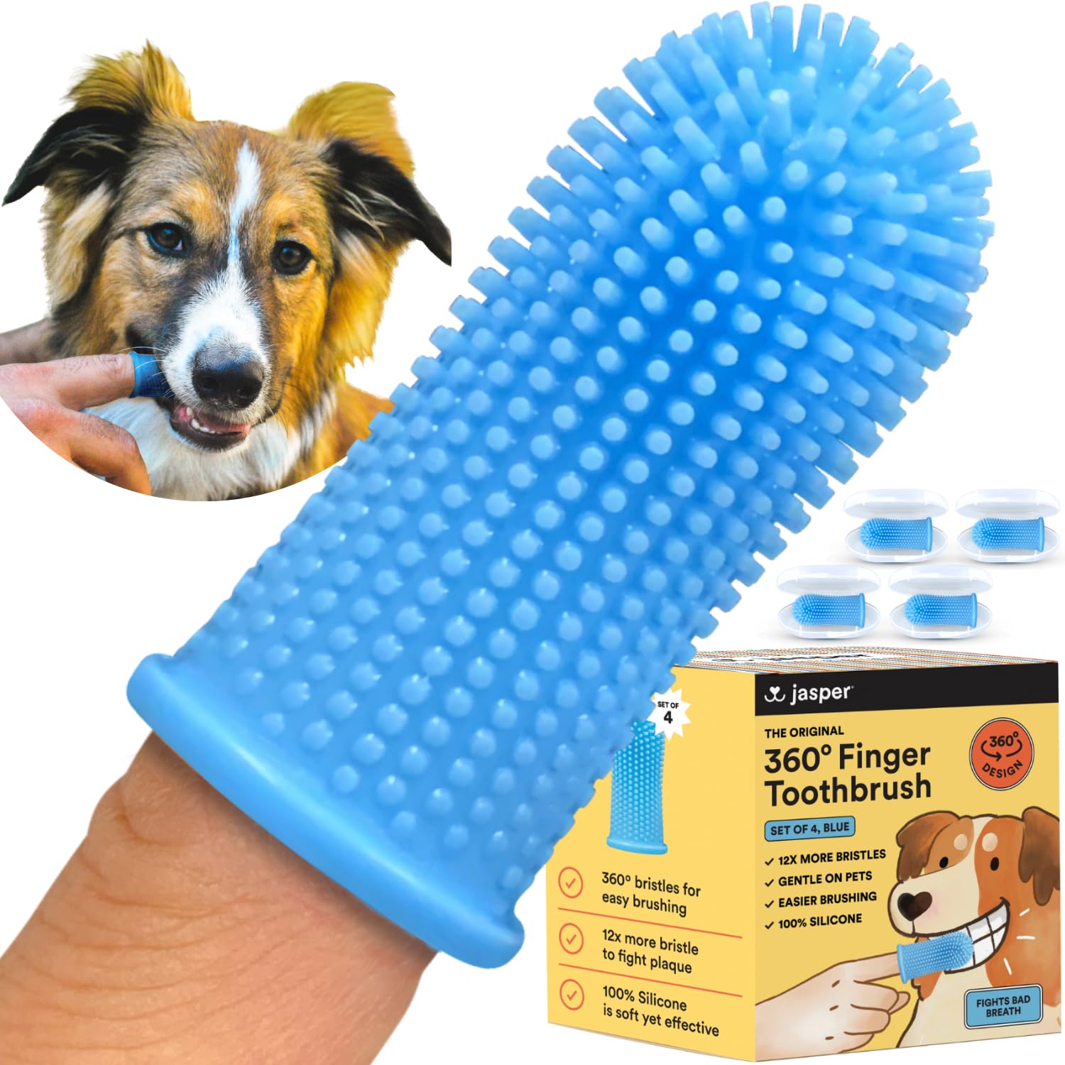 Jasper 360º Dog Toothbrush, Cat Toothbrush, Dog Tooth Brushing Kit, Dog Teeth Cleaning Kit, Dog Dental Care, for Use with Dog Toothpaste and Cat Toothpaste, 2-Pack Clear