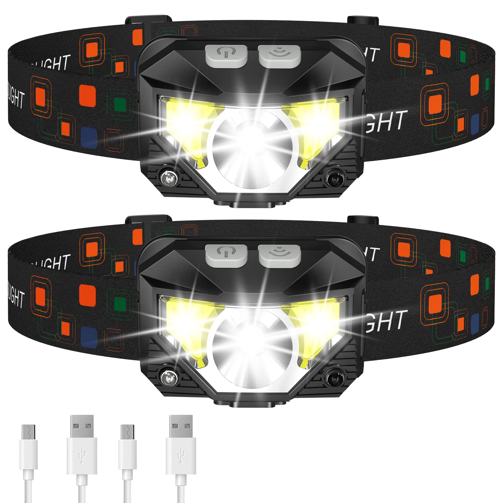 LHKNL Stirnlampe, Ultrahelle LED-Stirnlampe mit weißem und rotem Licht, wiederaufladbar, 2er-Pack wasserdichte Stirnlampe mit Bewegungssensor, 8 Modi für Outdoor, Camping, Laufen, Wandern, Angeln