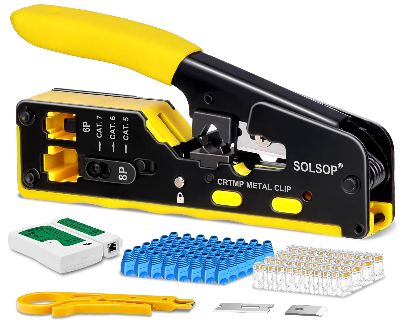 Solsop Pass Through RJ45 Crimp Tool Kit أداة تجعيد إيثرنت الكل في واحد Cat7 Cat6 Cat5 مع جهاز اختبار كابل الشبكة، 50 حزمة من موصلات Cat6 RJ45 Pass Through، 50 حزمة من أغطية الموصلات
