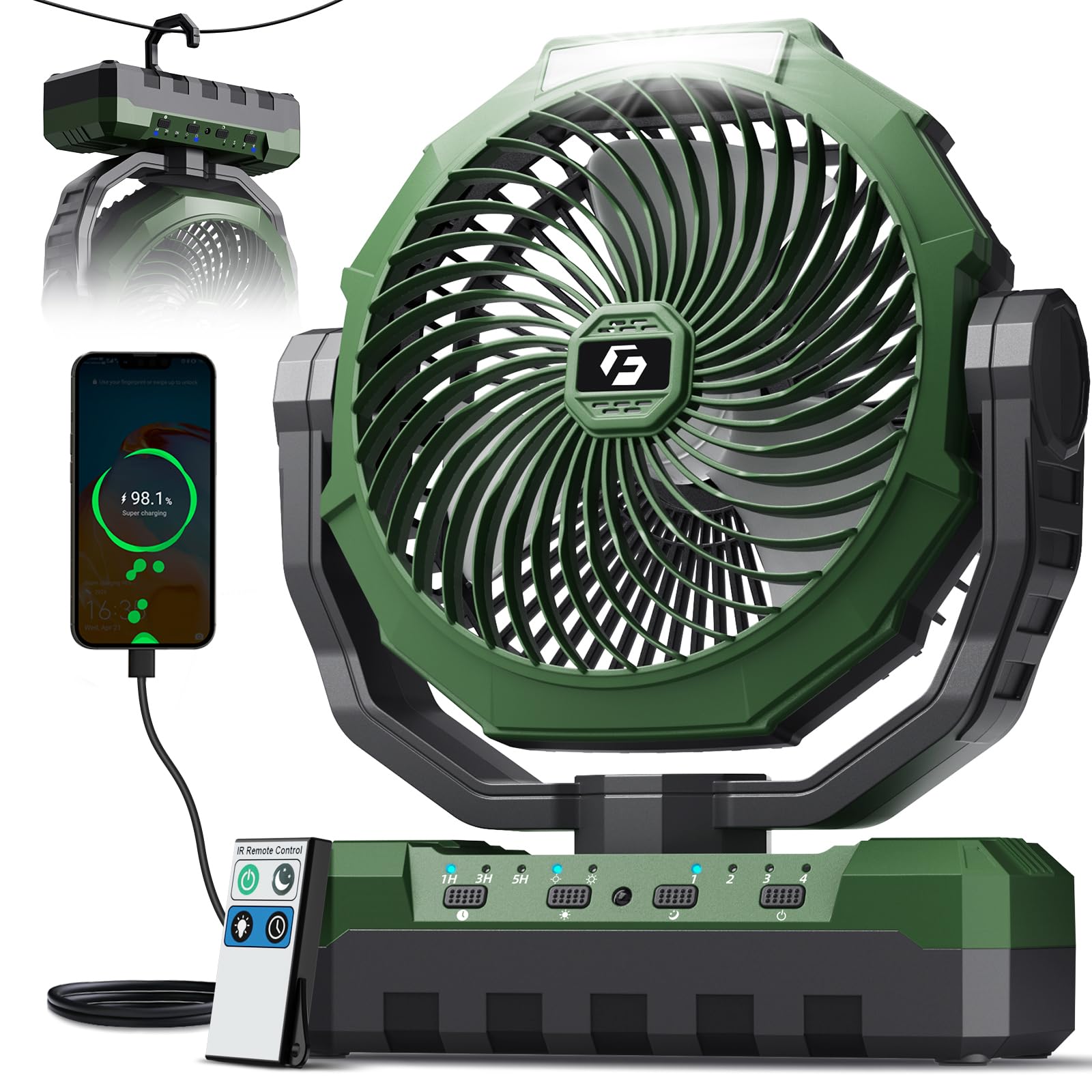 FRIZCOL 3-in-1 Camping-Ventilator – Wiederaufladbare, tragbare Ventilatoren – 24000mAh Akku-Ventilator (140 Std.) mit Licht & Fernbedienung für drinnen, draußen, Zelt, Reisen, Grillen, Angeln, Baustelle – Grün