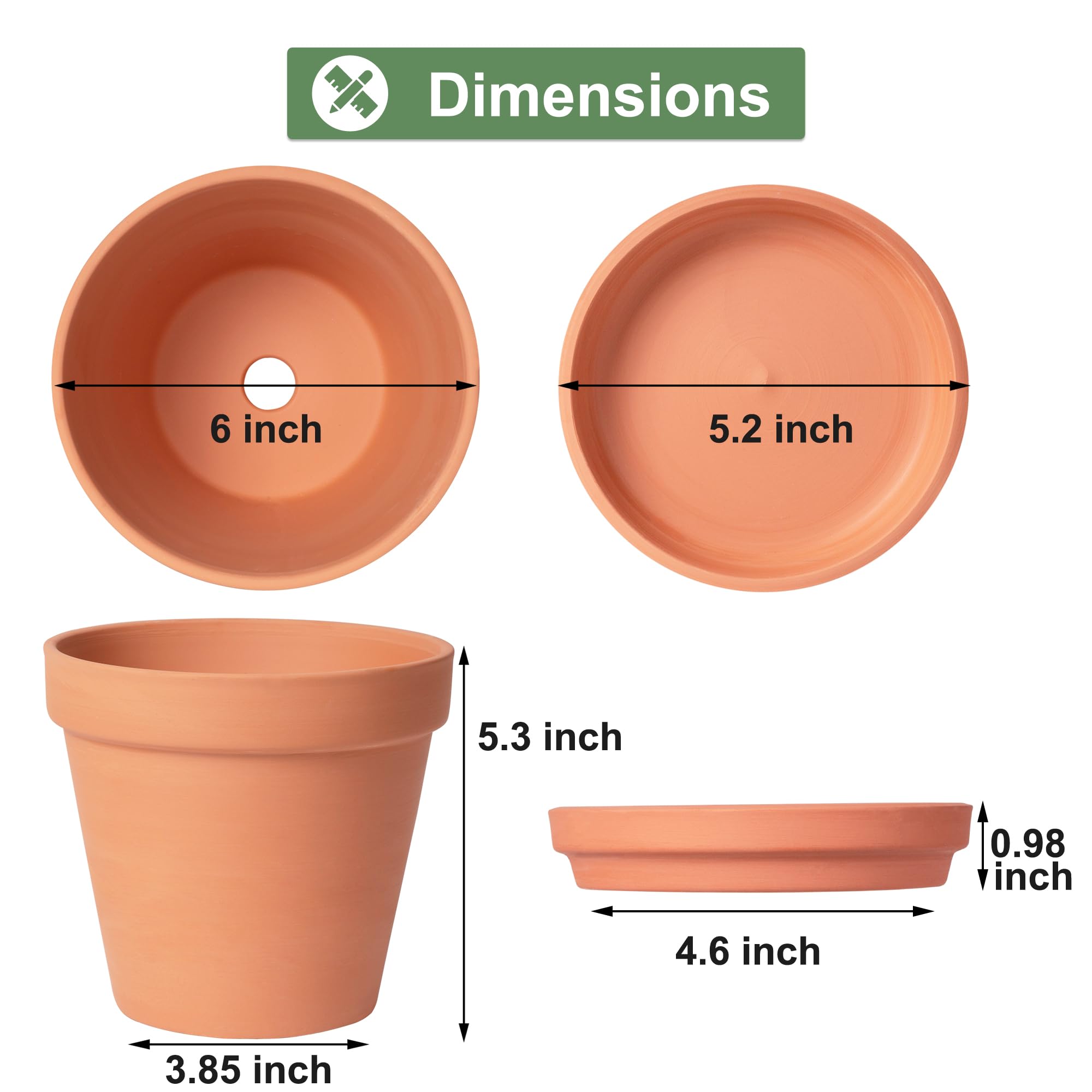 6 inch Terracotta & Clay Pots for Plants with Saucer, Medium Terra Cotta Plant Pots with Drainage Hole, Flowerpot with Tray, Terracotta Pot for Indoor Outdoor Plant - Pack of 4 Planters