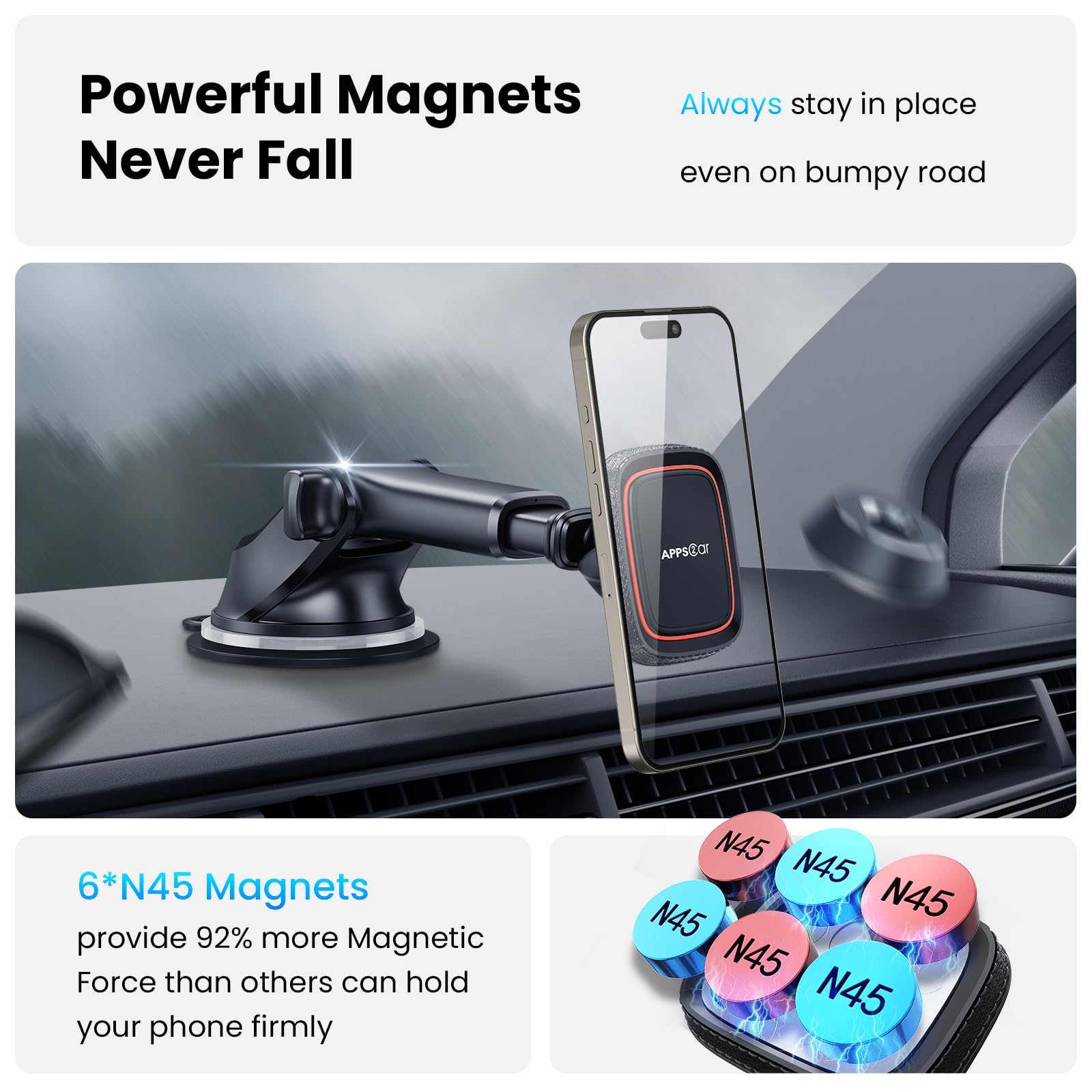 APPS2Car Magnetic Phone Mount for Car – Industrial Suction Cup Dashboard & Windshield Holder with Telescopic Arm, 6 Strong Magnets – Universal Fit for iPhone & Android (Metal Plate Required)