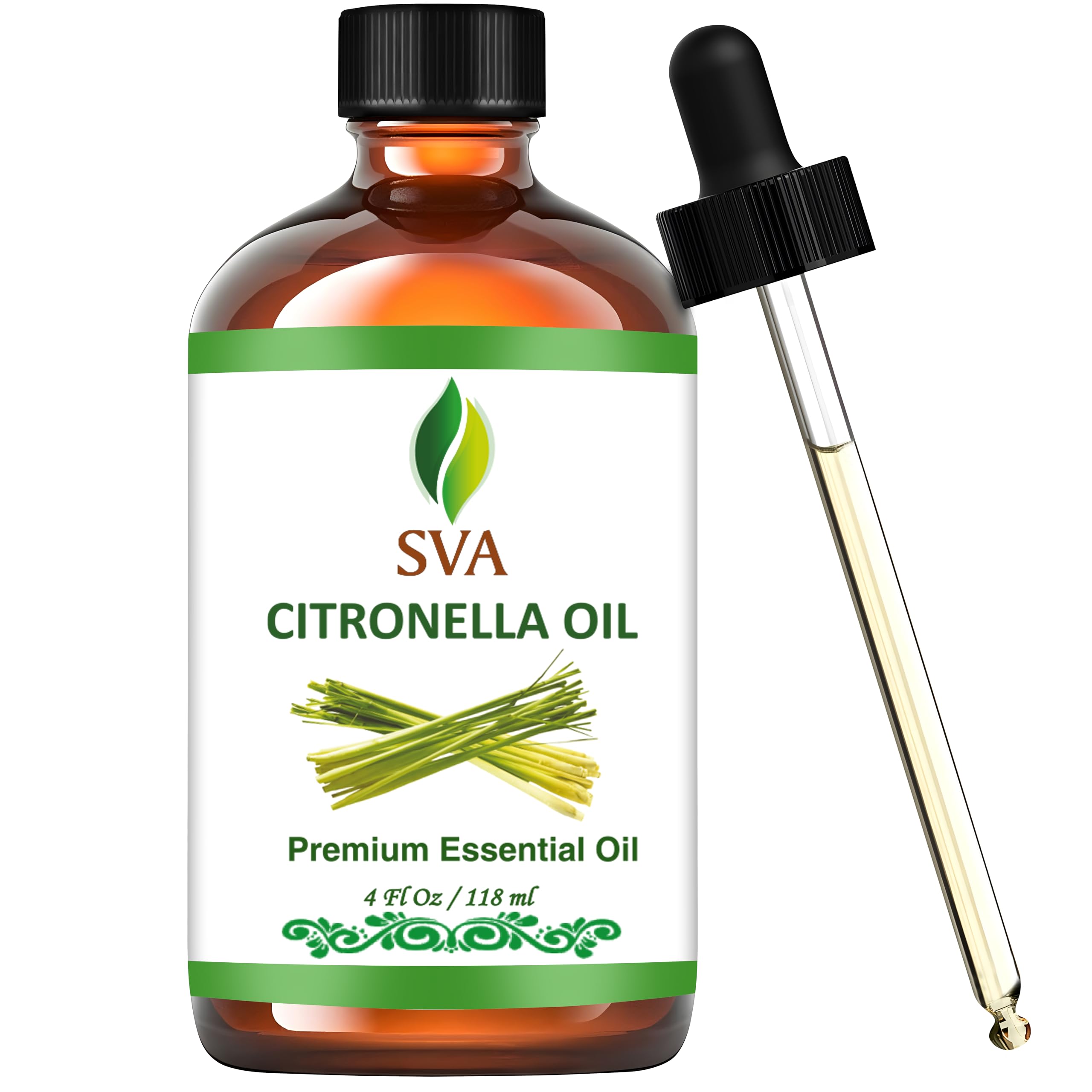 SVA Citronella Essential Oil – 4 Fl Oz – 100% Natural Citronella Oil - for Diffuser, Hair Care, Face, Skin Care, Aromatherapy, Scalp and Body Massage, Soap and Candle Making - with Dropper