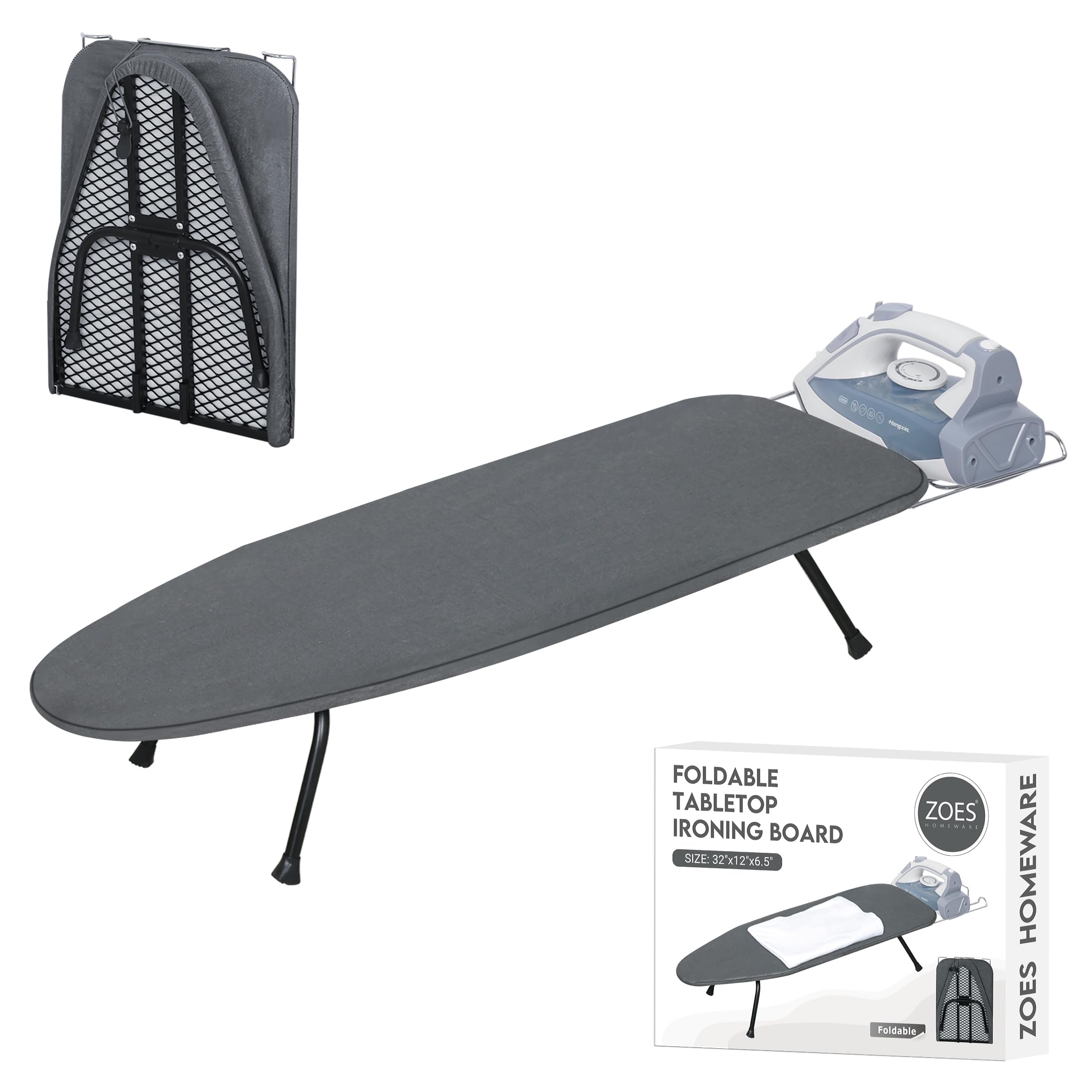 ZOES HOMEWARE Metallgitter-Bügeltischplatte | Faltbares Bügelbrett | Hochbelastbares kleines Bügelbrett mit hitzebeständigem Bezug und 8 mm dicker Auflage aus 100 % Baumwolle | 80 x 30 x 15,7 cm