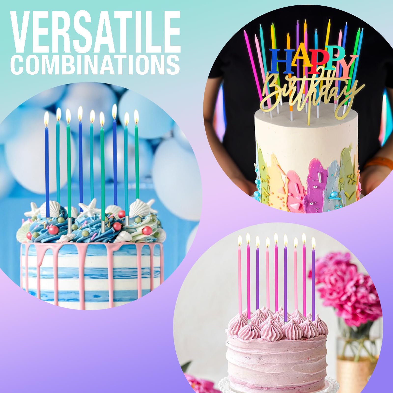 Apluselection 40-Count Rainbow Birthday Candles, Tall Thin Birthday Cake Candles Set, Rainbow Cupcake/Cake Decorations