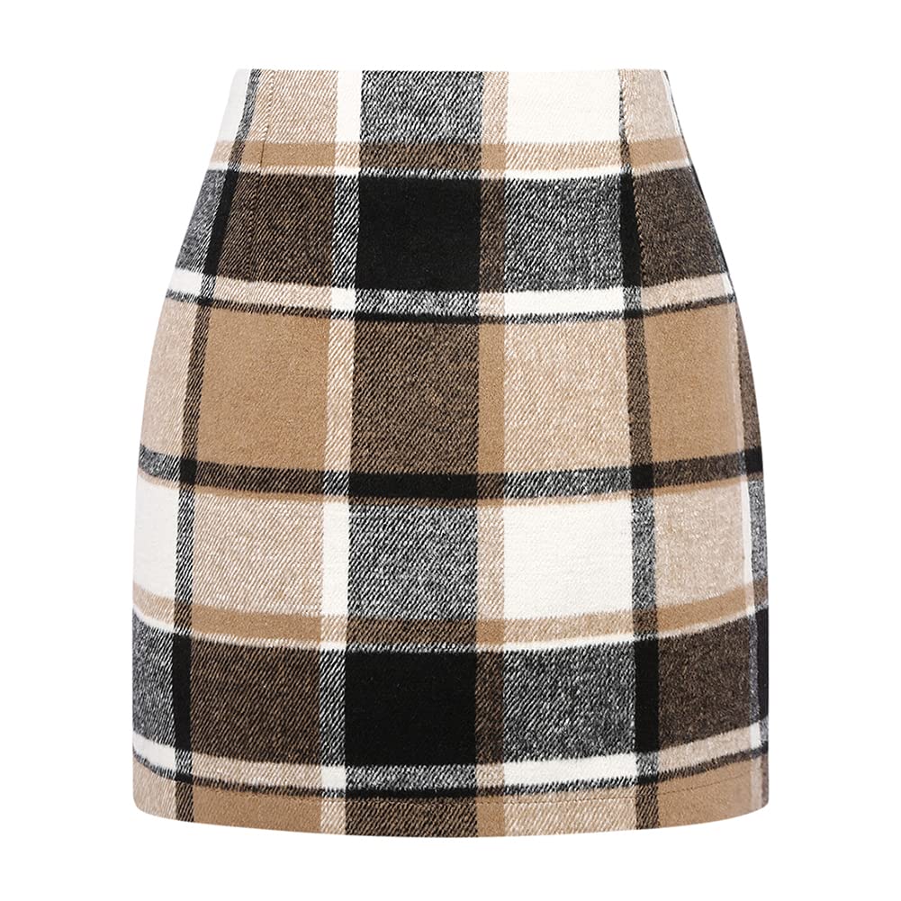 Cute Skirts for Women High Waisted Teens Girls Juniors Houndstooth Tartan Wool Plaid Mini Tan Skirt (Brown New, S)