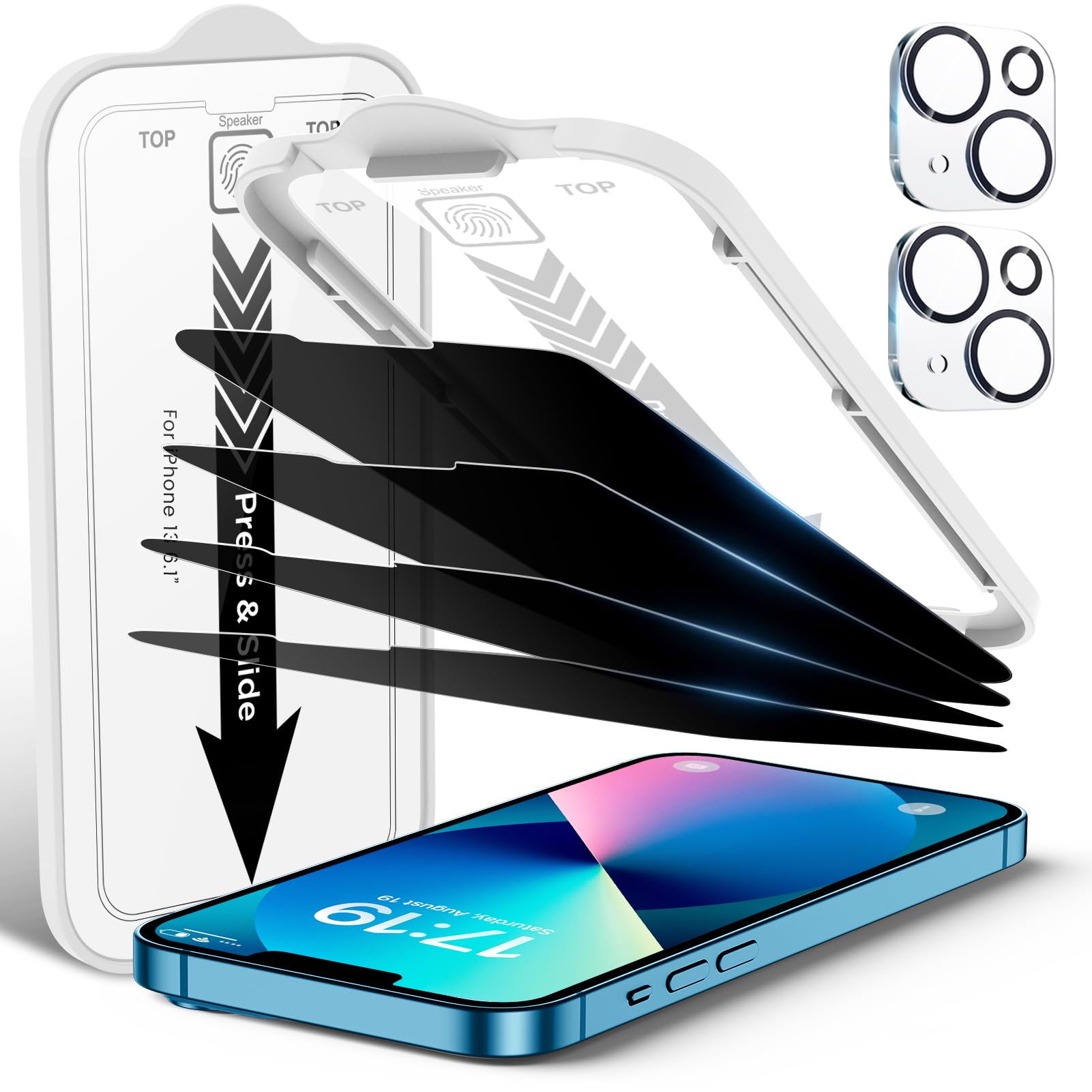 EZ-GLAZ-4 Pack Privacy Screen Protector for iPhone 14 Pro[6.1 inches] With 2 Pack Camera Lens Protector, [Drop Protection] 9H Hardness Scratch Resistant Tempered Glass Film, Easy to install