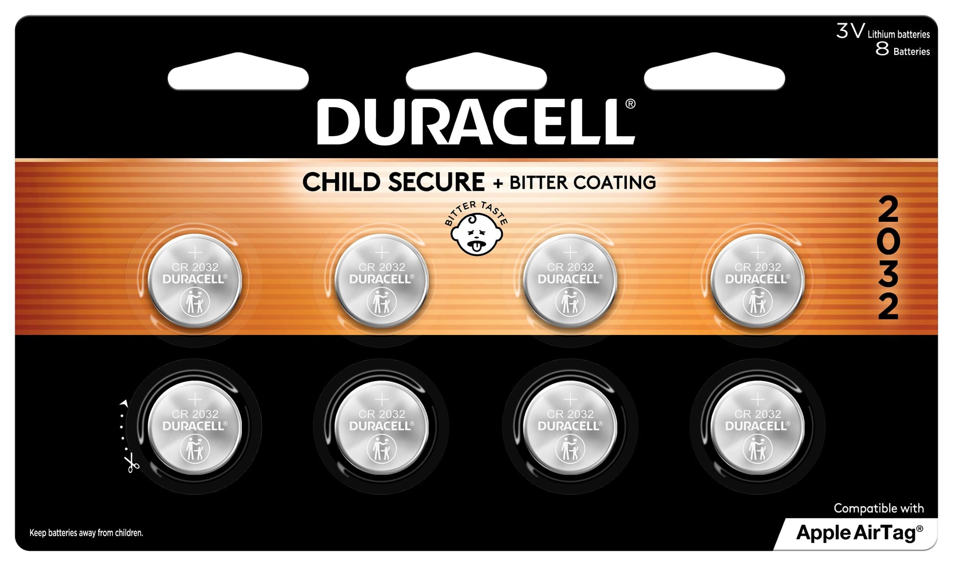 Duracell 2032 Lithium Battery. 6 Count Pack. Child Safety Features. Compatible with Apple AirTag, Key Fob, and other devices. CR2032 Battery Lithium Coin Battery. CR Lithium 3V Cell