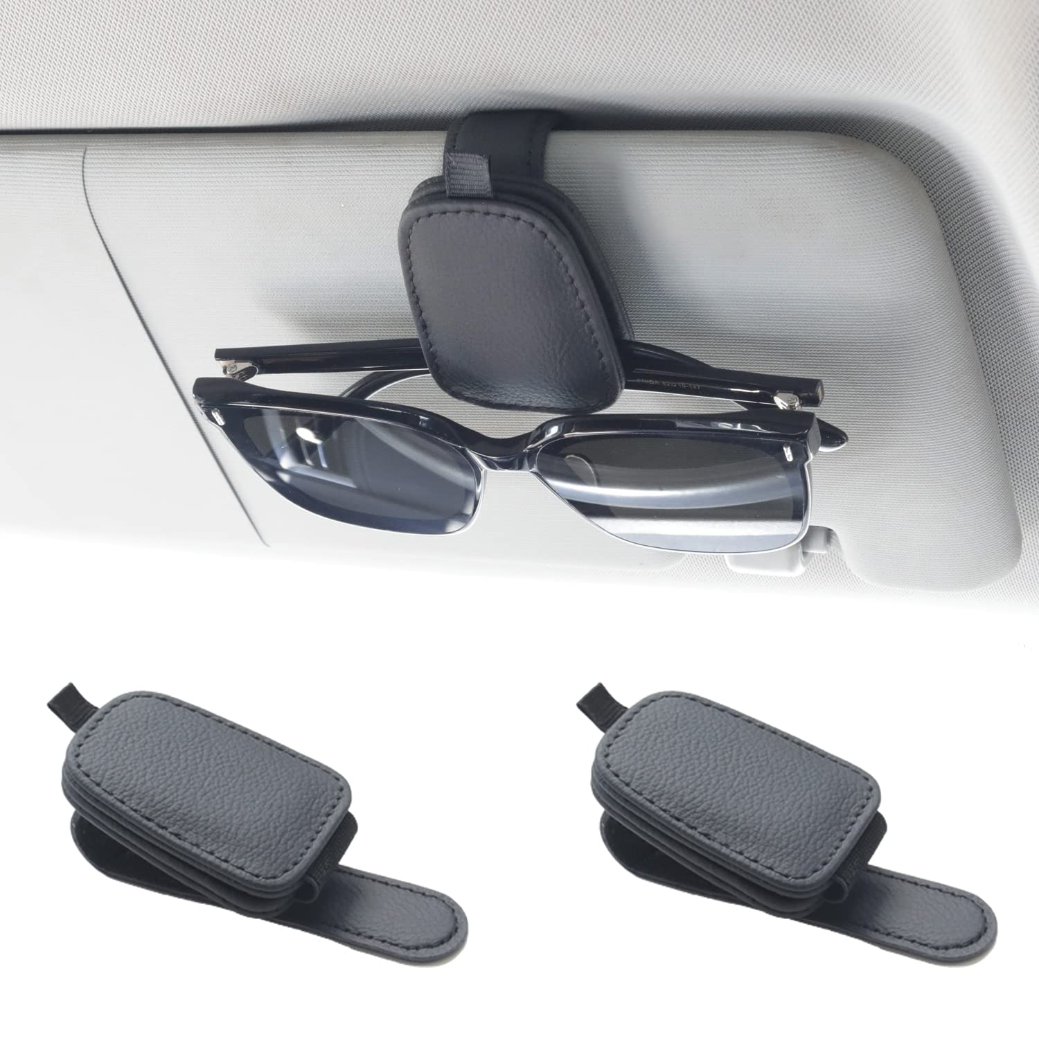 Yuoyar Sonnenbrillenhalter für das Auto, magnetischer Sonnenbrillenhalter aus Leder und Ticket-/Kartenclip, Auto-Sonnenblenden-Zubehör, 2er-Pack (Schwarz)