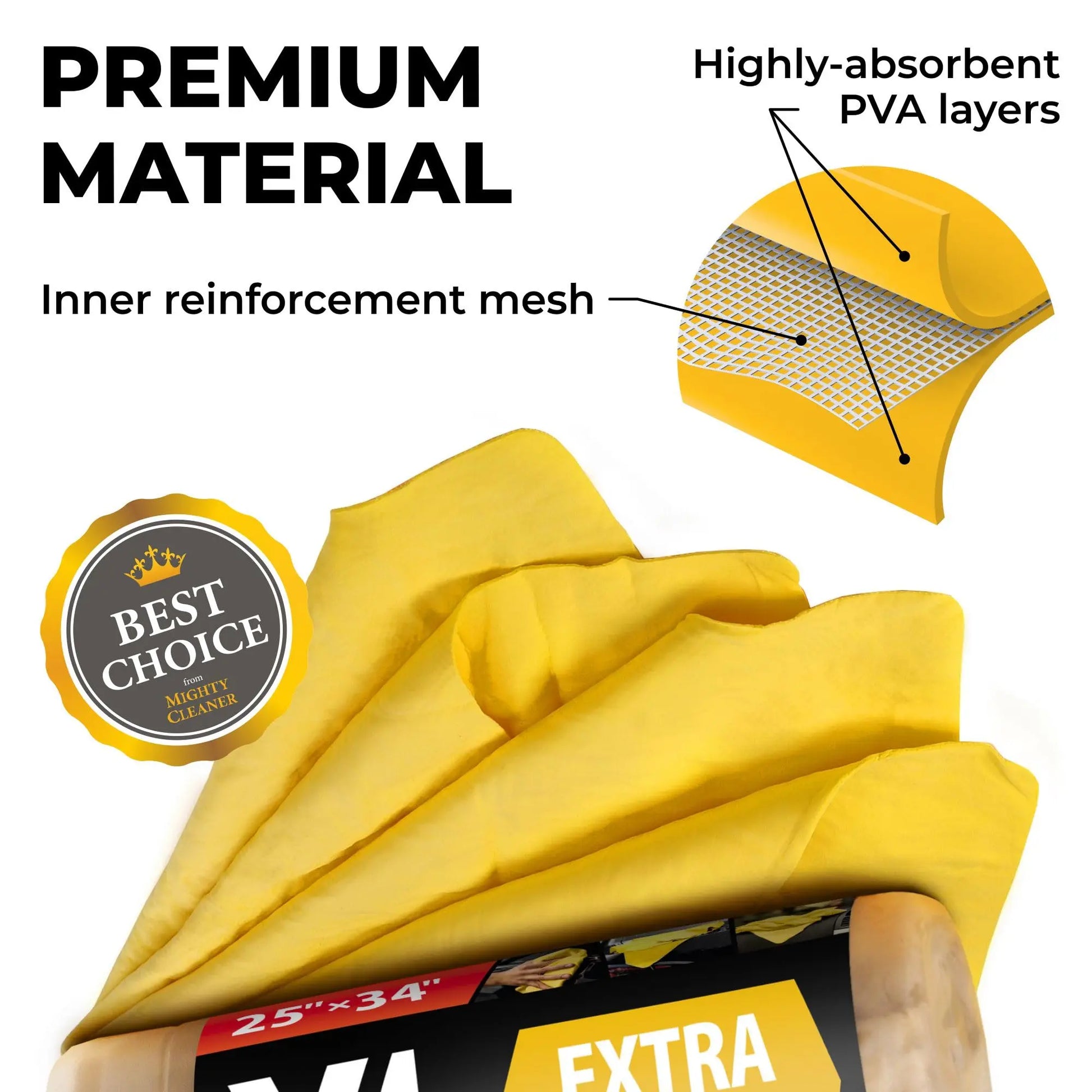 Premium XL Shammy Towel for Car - 2pk (34”x25”) - Super Absorbent Chamois Cloth - Spots & Scratch-Free - Reusable Car Drying Towels
