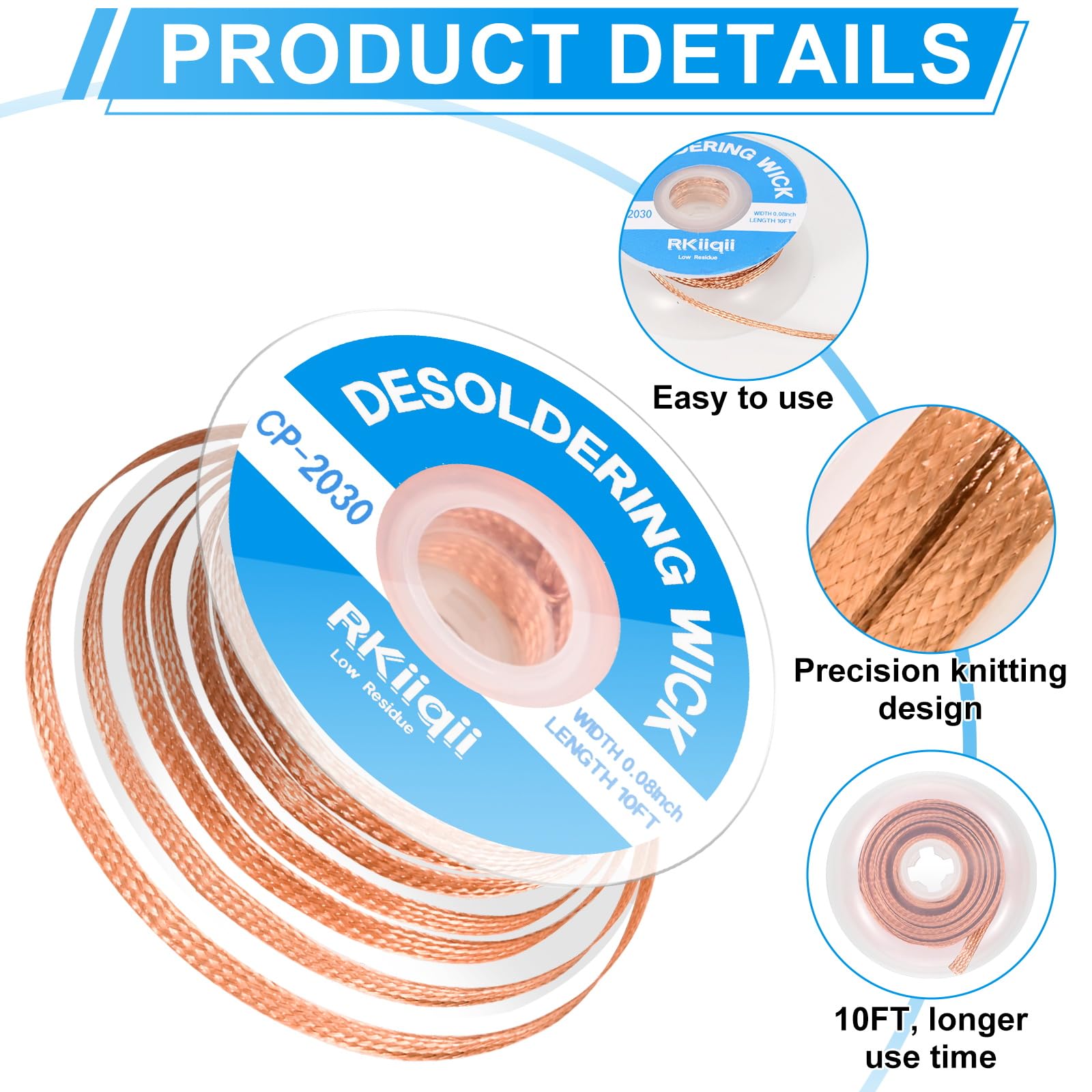 Rkiiqii 3pcs Solder Wick Braid with Flux, Upgrade Desoldering Wick (0.08/0.1/0.12in, 10ft Each) No Clean Low Residue Soldering Wick, Coated Braid for Electronics Component Repair, PCB Circuit Board