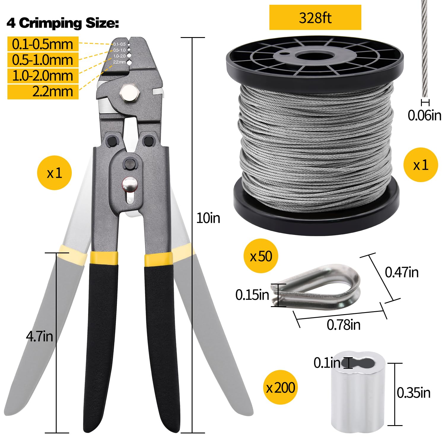 328ft Wire Rope Crimping Tool Kit, Stainless Steel Wire Rope Cable with Aluminum Crimping Sleeves and Stainless Steel Thimbles for Railing, Decking, Picture Hanging (328ft)