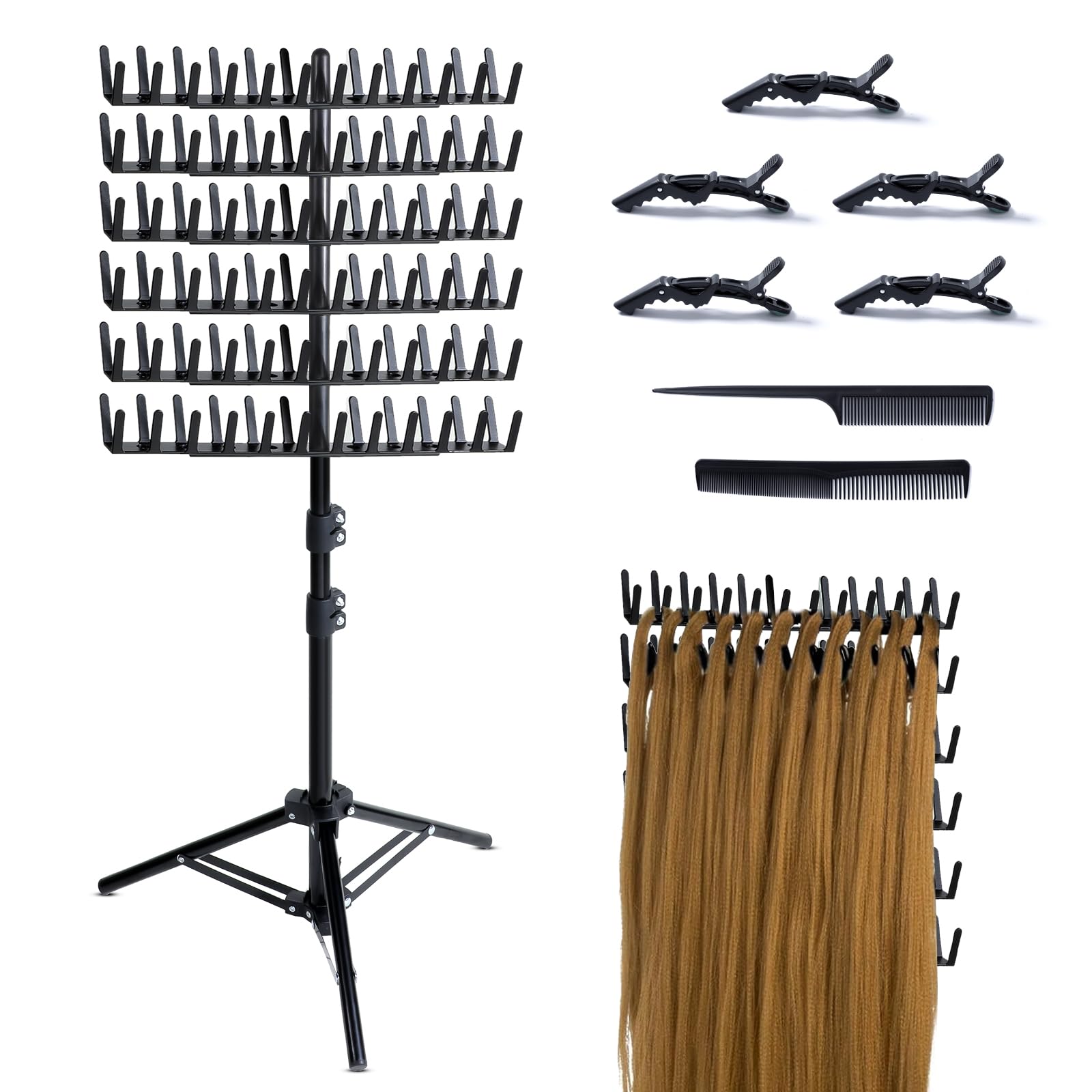Eastdone Flechtfrisuren Haarhalterung Stehender Verlängerungshalter Kleiderbügel, 144 Stifte Teiler für Trennwand Ständer Display (Schwarz)
