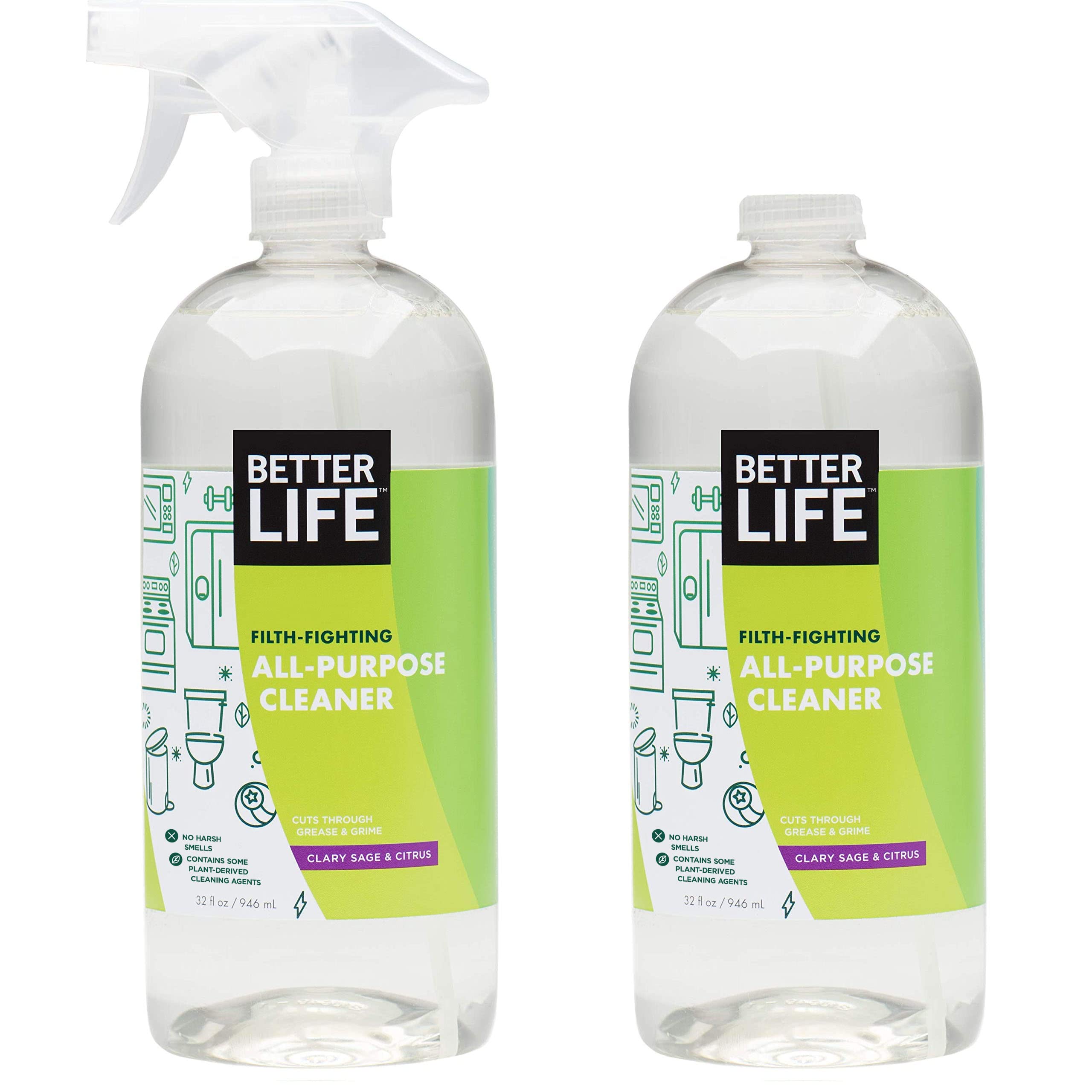 Better Life All Purpose Cleaner - Multipurpose Home and Kitchen Cleaning Spray for Glass, Countertops, Appliances, Upholstery & More - Multi-surface Spray Cleaner - 32oz (Pack of 2) Clary Sage/Citrus
