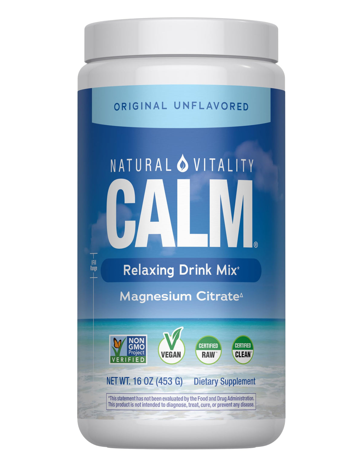 Natural Vitality Calm، مكمل مغنيسيوم، مسحوق شراب مضاد للتوتر، خالٍ من الجلوتين، نباتي، وغير معدّل وراثيًا، بنكهة أصلية غير مضاف إليها نكهات، 16 أونصة