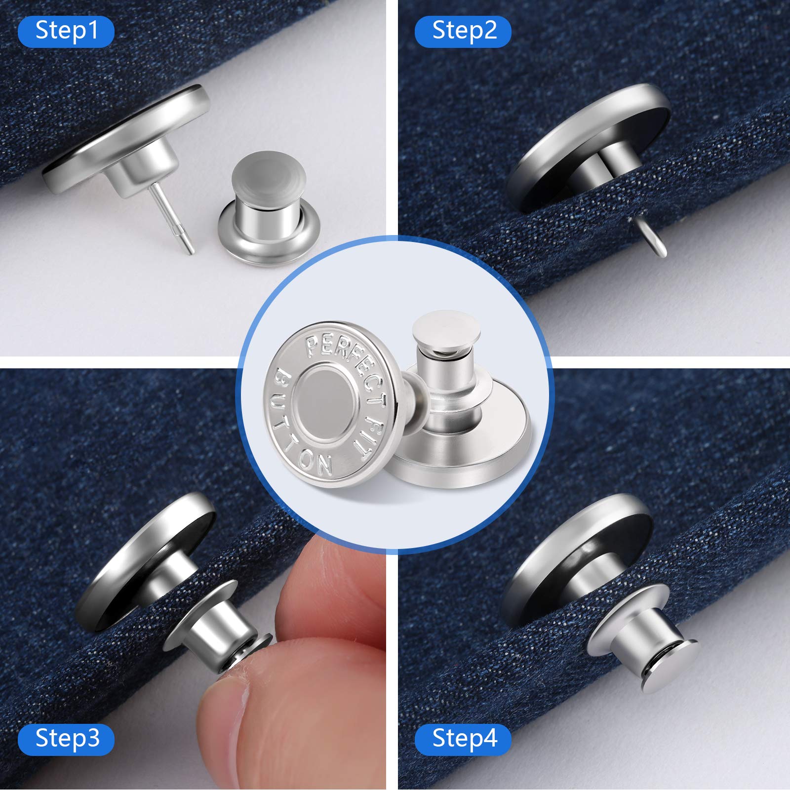 12 Sets Button Pins for Loose Jeans, No Sew and No Tools Instant Replacement Snap Tack Pant Button, Ceryvop Reusable and Adjustable Metal Pants Button Tightener