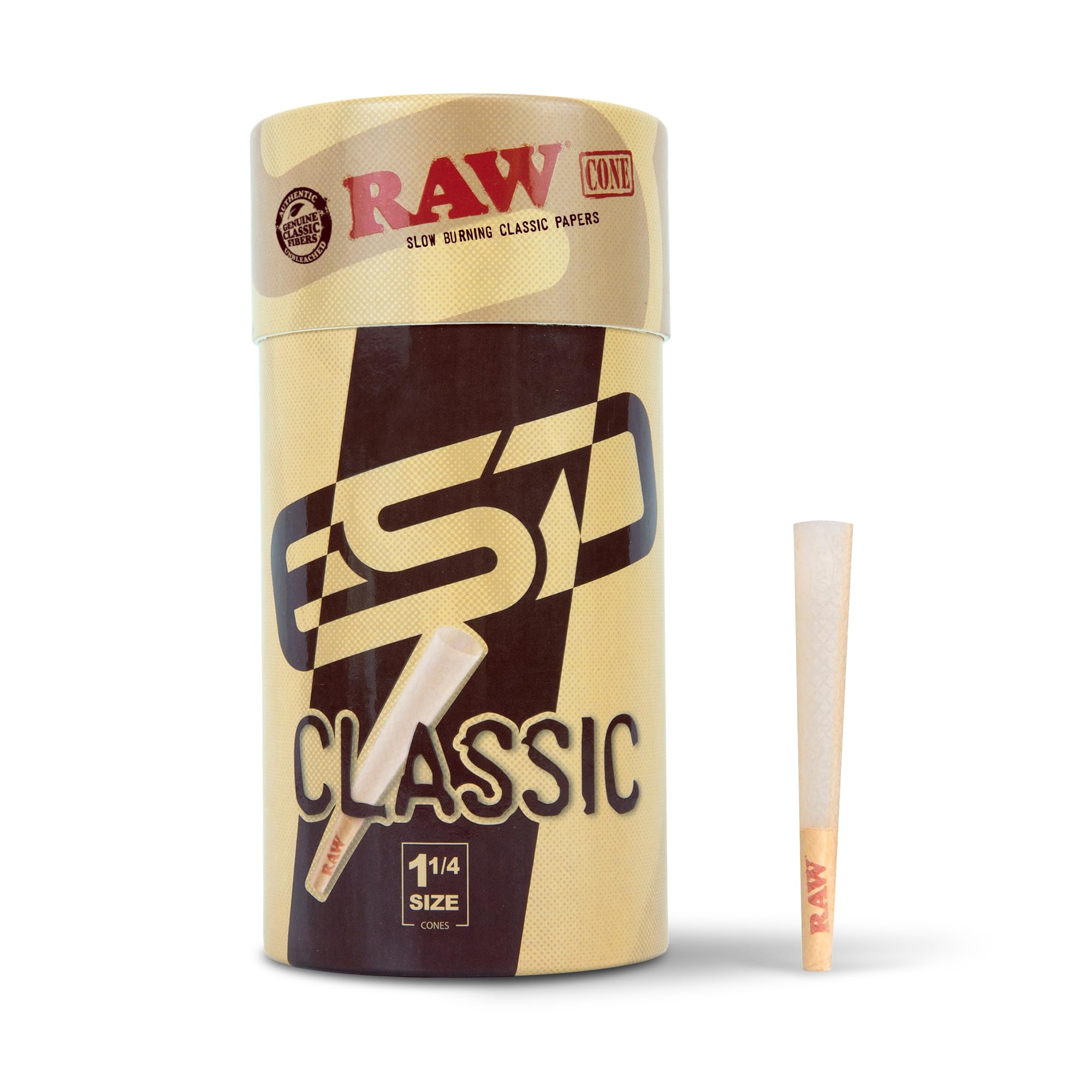 RAW Classic 1-1/4 Slow Burning Pre-Rolled Cones - 100 Pack with Tips & Packing Tubes Included