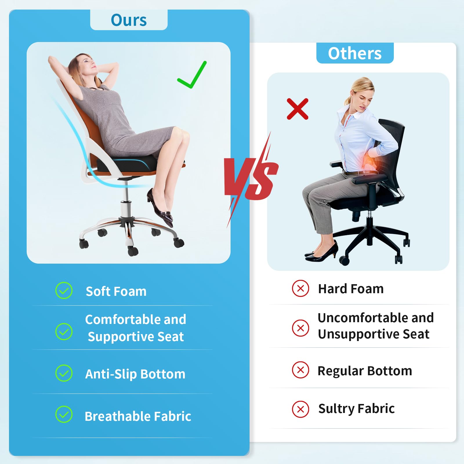 TranquilRelax Large Seat Cushion, Soft Foam Cushion for Long Sitting Hours on Office Chair, Home & Car, Non-Slip Chair Pad for Relieving Back & Sciatica & Hip & Coccyx Pain (Black)