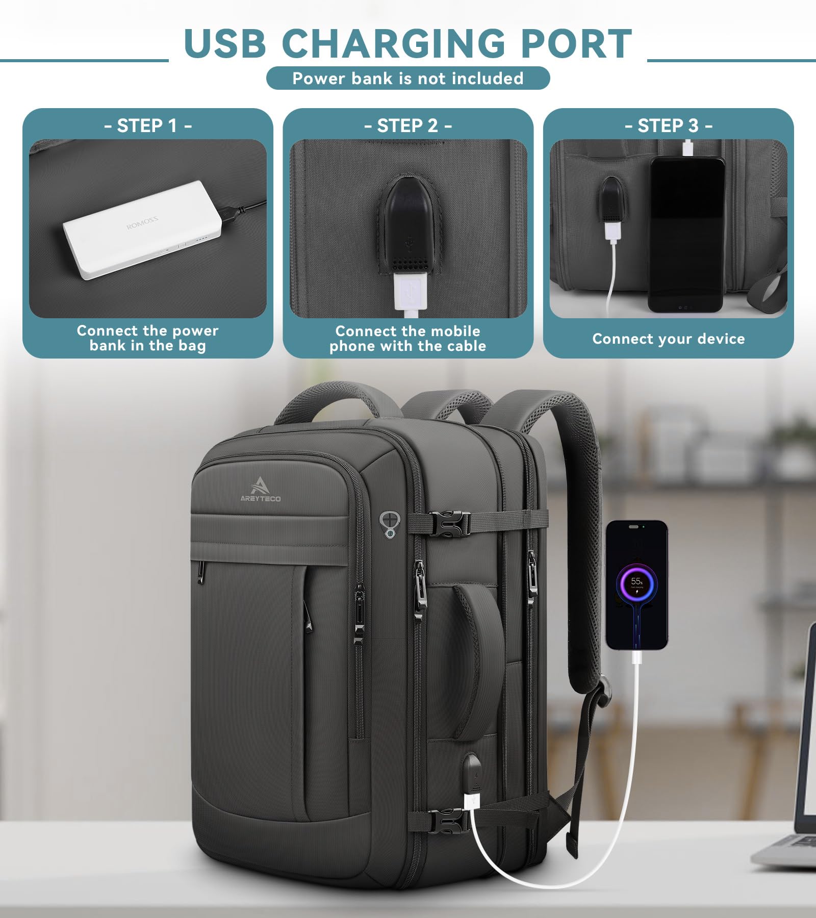 Travel Backpack, 50L Expandable Extra Large Laptop Backpack, Carry On Backpack Airline Approved Water Resistant Business Suitcase Daypack Bag Fits 17 Inch Laptops, Travel Gifts for Men Women, Black