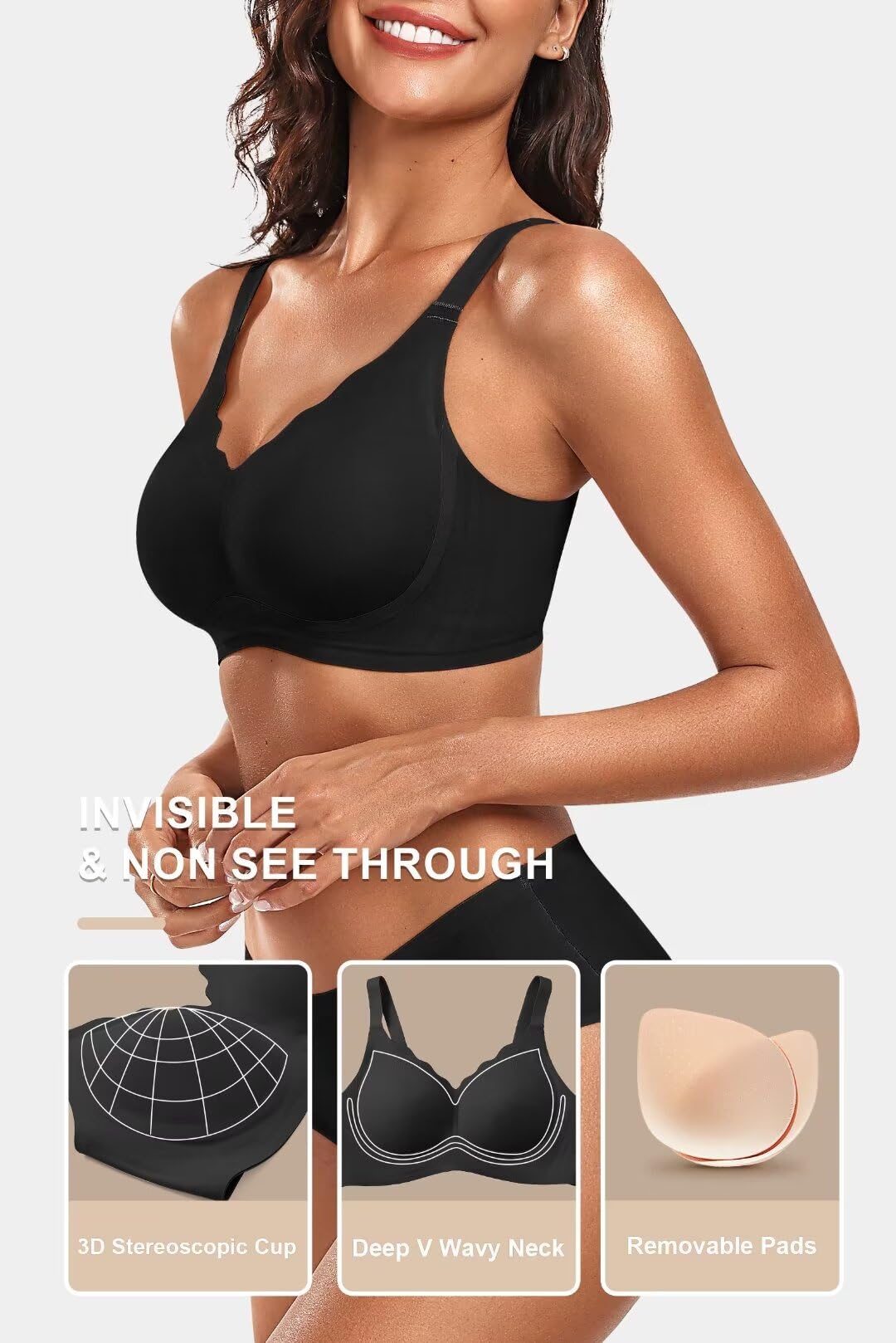 Vertvie Women's Seamless Bras No Underwire Scalloped Push Up Bras Soft Wireless Comfort Bralettes Full Coverage Everyday Bra (Black,Large)