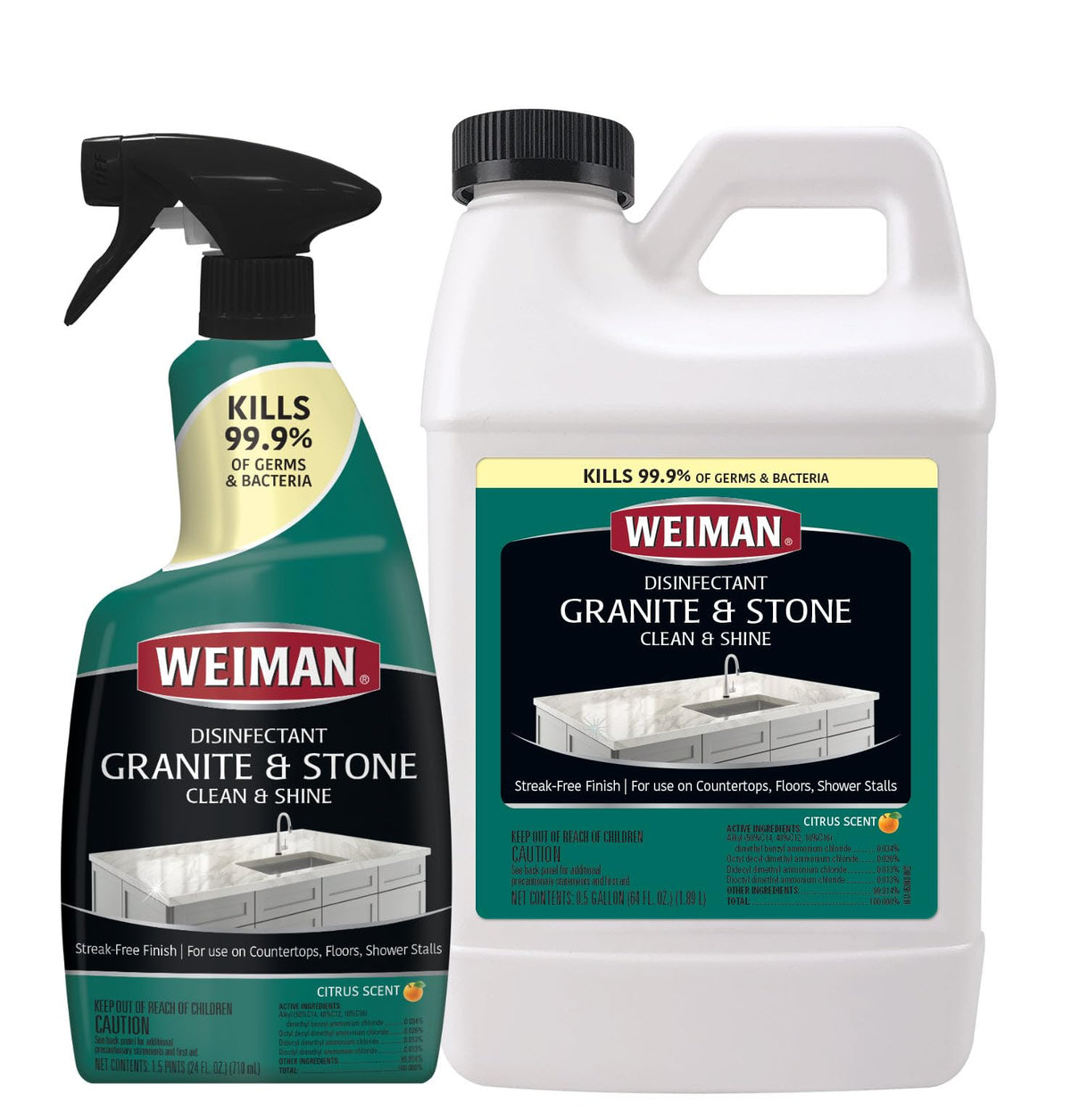 Weiman Desinfizierender Granitreiniger & Politur Sparpaket – (1) 710 ml Sprühflasche, (1) 1,9 l Nachfüllpackung
