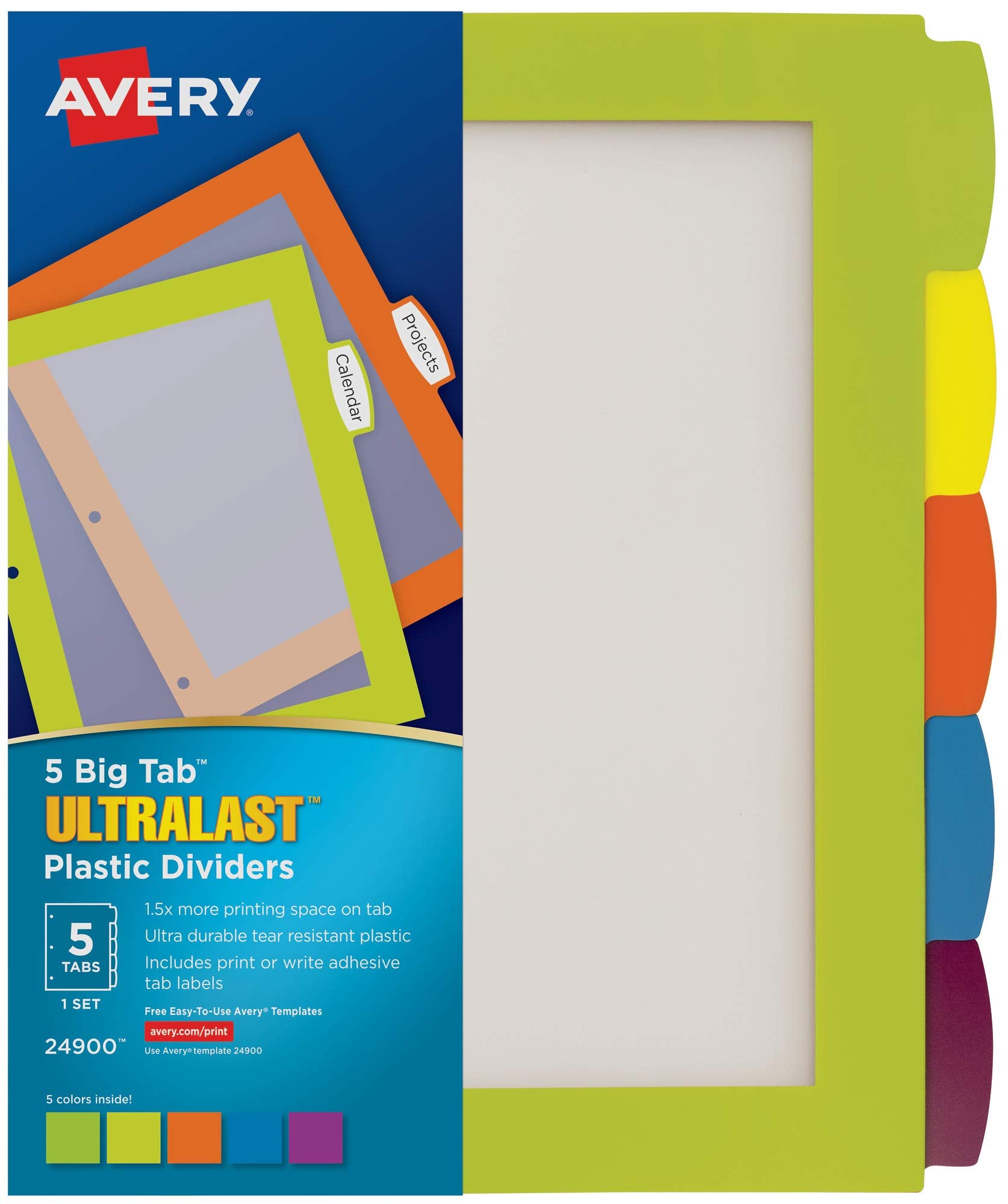Avery Ultralast Big Tab Kunststoff-Trennblätter für 3-Ring-Ordner, 5er-Set, Mehrfarbig mit weißen Etiketten, 1 Set (24900)