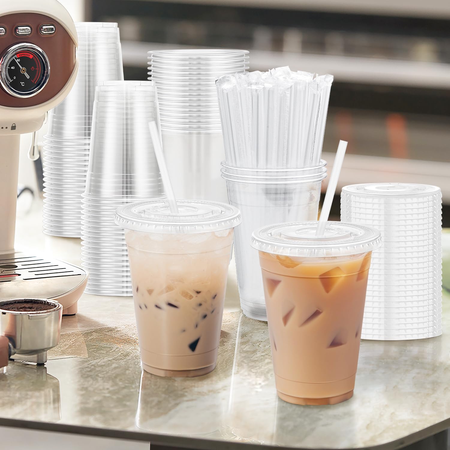 Huifany 100 Pack 16 oz Disposable Plastic Cups with Lids and Straws, Clear Party Coffee Cups for Cold Beverages, Smoothies, Iced Coffee, and Leak-Proof, BPA-Free