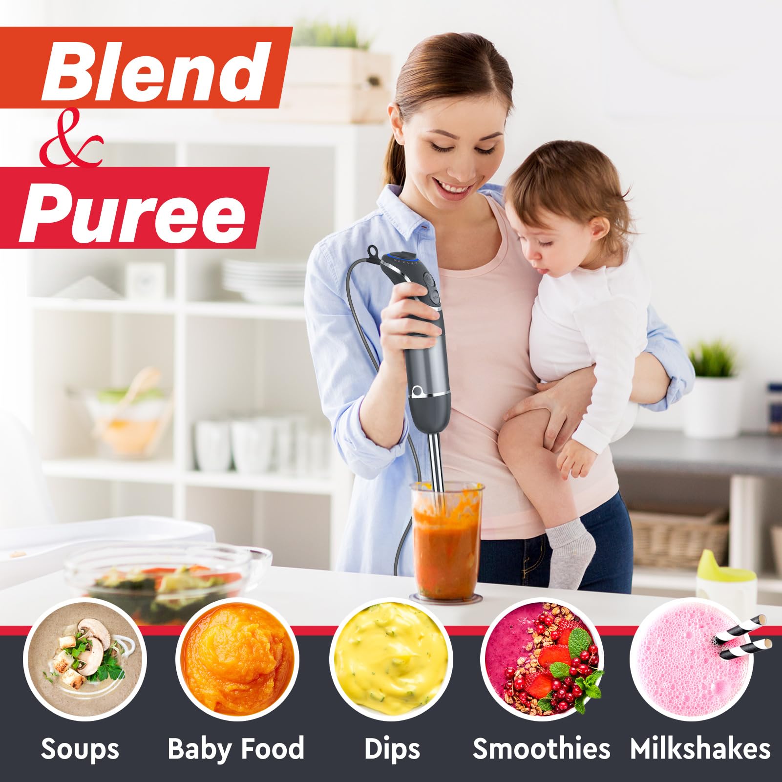 Mueller Multistick 5-in-1 Immersion Blender Handheld, 12 Speed Hand Mixer - Turbo Boost, Heaviest Duty Copper Motor, Titanium Blades Hand Blender, Milk Frother Wand, Whisk, Beaker, Chopper, Grey