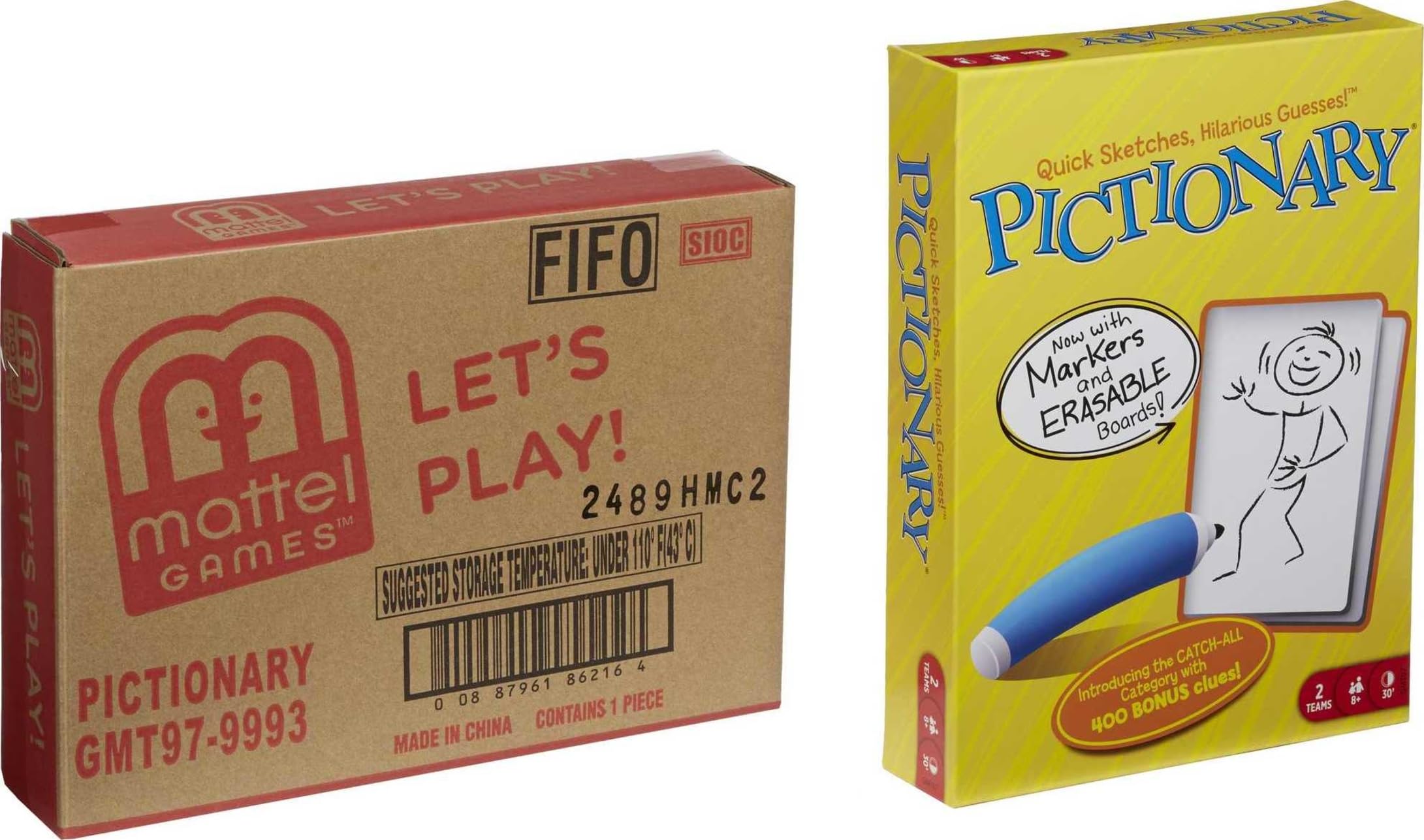 Mattel Games Pictionary Family Board Game for Kids, Adults and Game Night for 2 Teams with Erasable Markers, Boards and Sand Timer