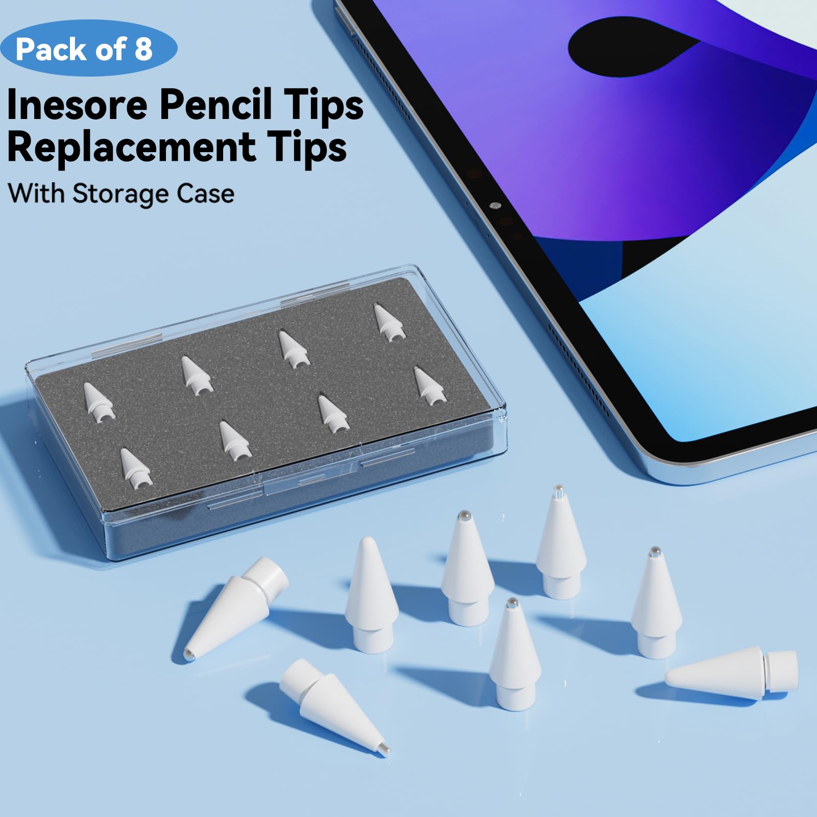 Inesore 8 Pack for Apple Pencil Tips Replacement Accessories,Compatible with Apple Pencil Pro/2nd Generation/1st Generation/USB C,iPencil Nib for iPad Pro/Air/Mini,for Drawing Writing(White Metal Nib)