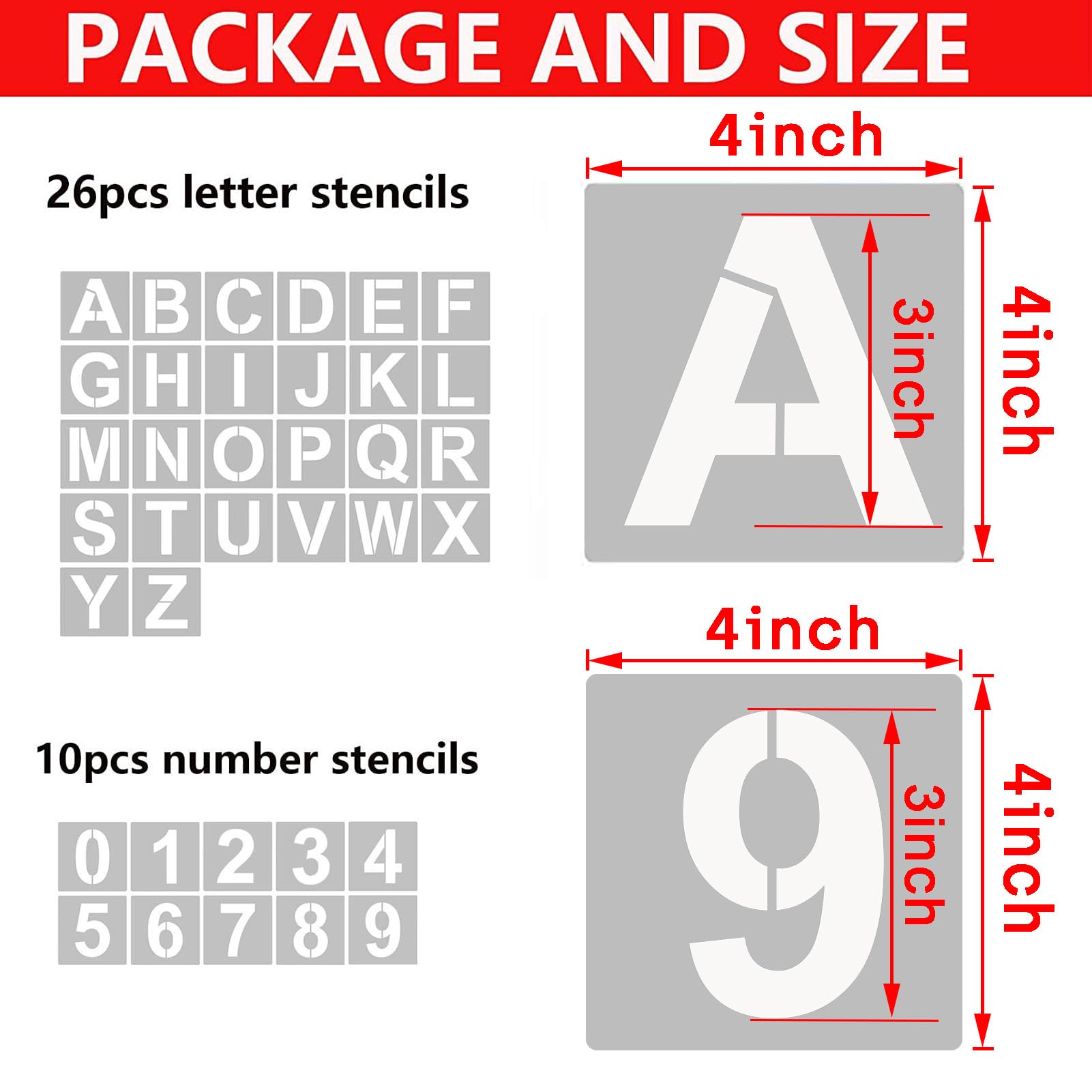 4 Inch Letter Stencils and Numbers, 36 Pcs Alphabet Art Craft Stencil, Reusable Plastic Templates for Wood, Wall, Fabric, Rock, Signage (4 Inch)