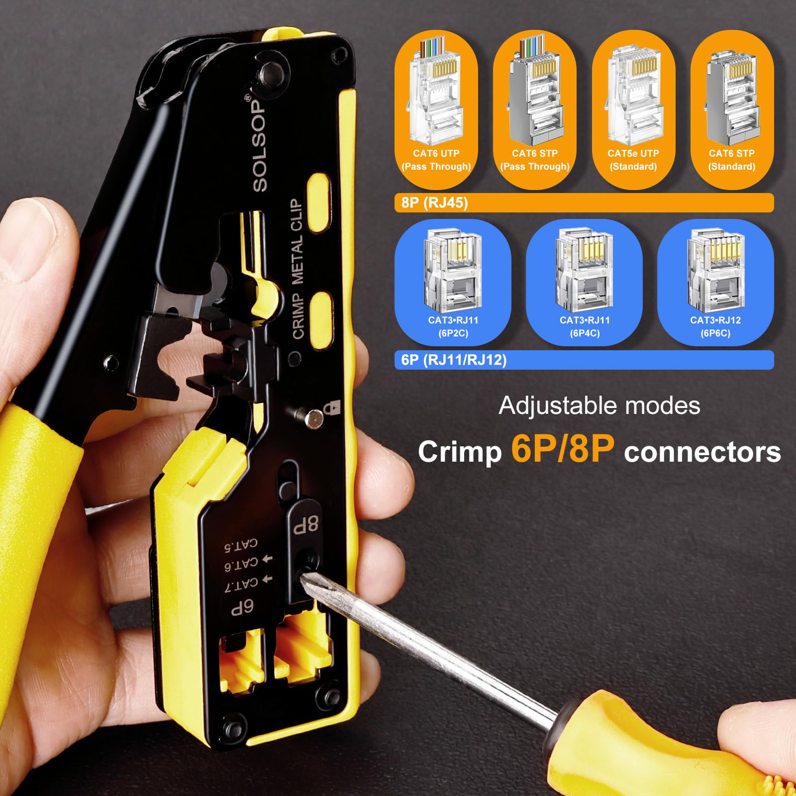 Solsop Pass Through RJ45 Crimp Tool Kit All-in-One Ethernet Crimper Cat7 Cat6 Cat5 Crimping Tool with Network Cable Tester, 50-Pack Cat6 RJ45 Pass Through Connector, 50-Pack Connector Boots