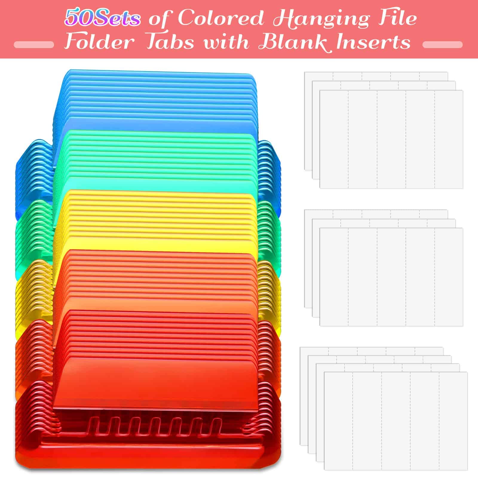 File Folder Tabs, Paxcoo 50 Sets Hanging File Folder Tabs and Inserts, Plastic Tabs for Hanging Folders, Multicolor