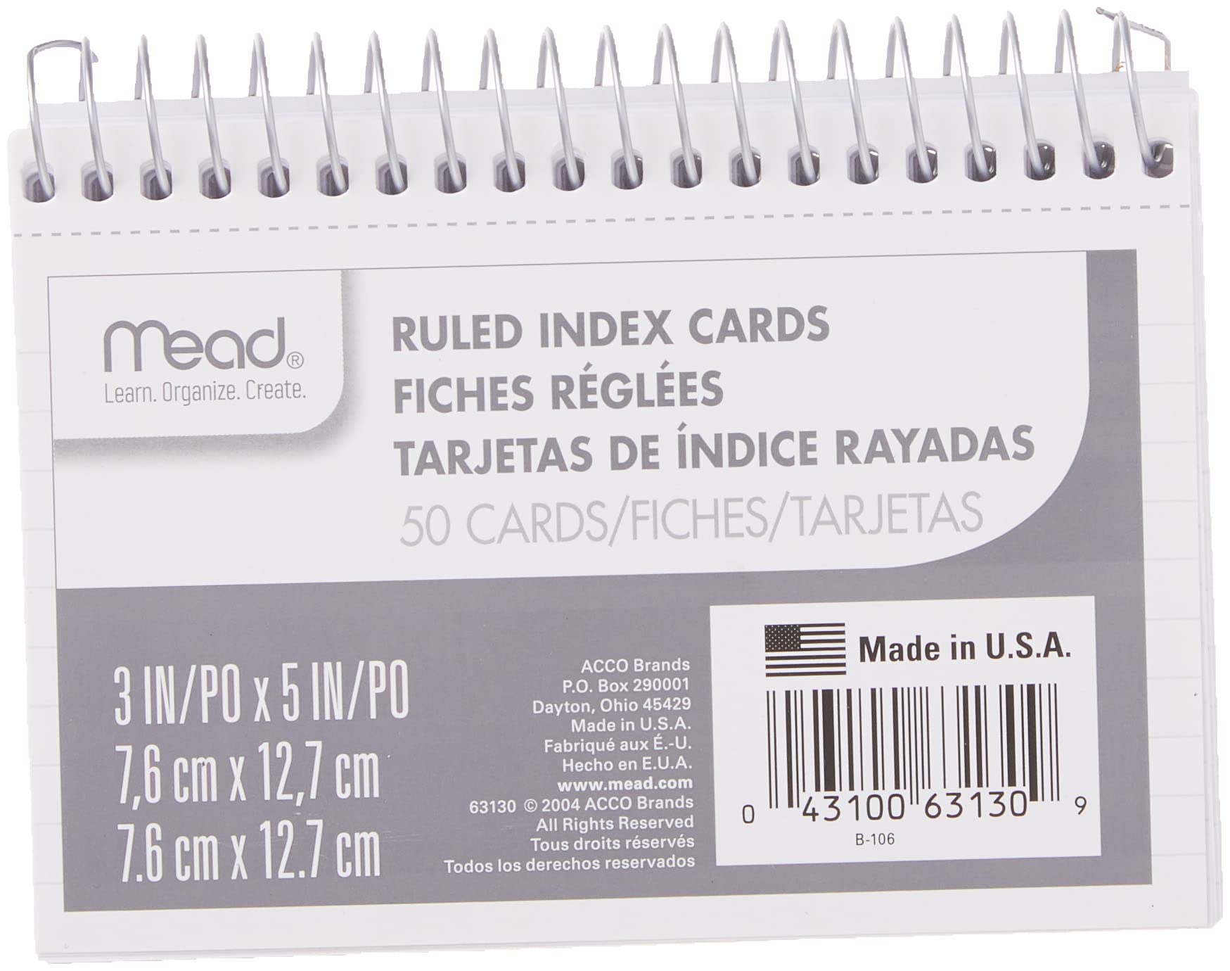 Mead Index Cards, Spiral, Ruled, 3" x 5", White, Blank Back, 50 Cards per Pack, 1 Pack (63130)