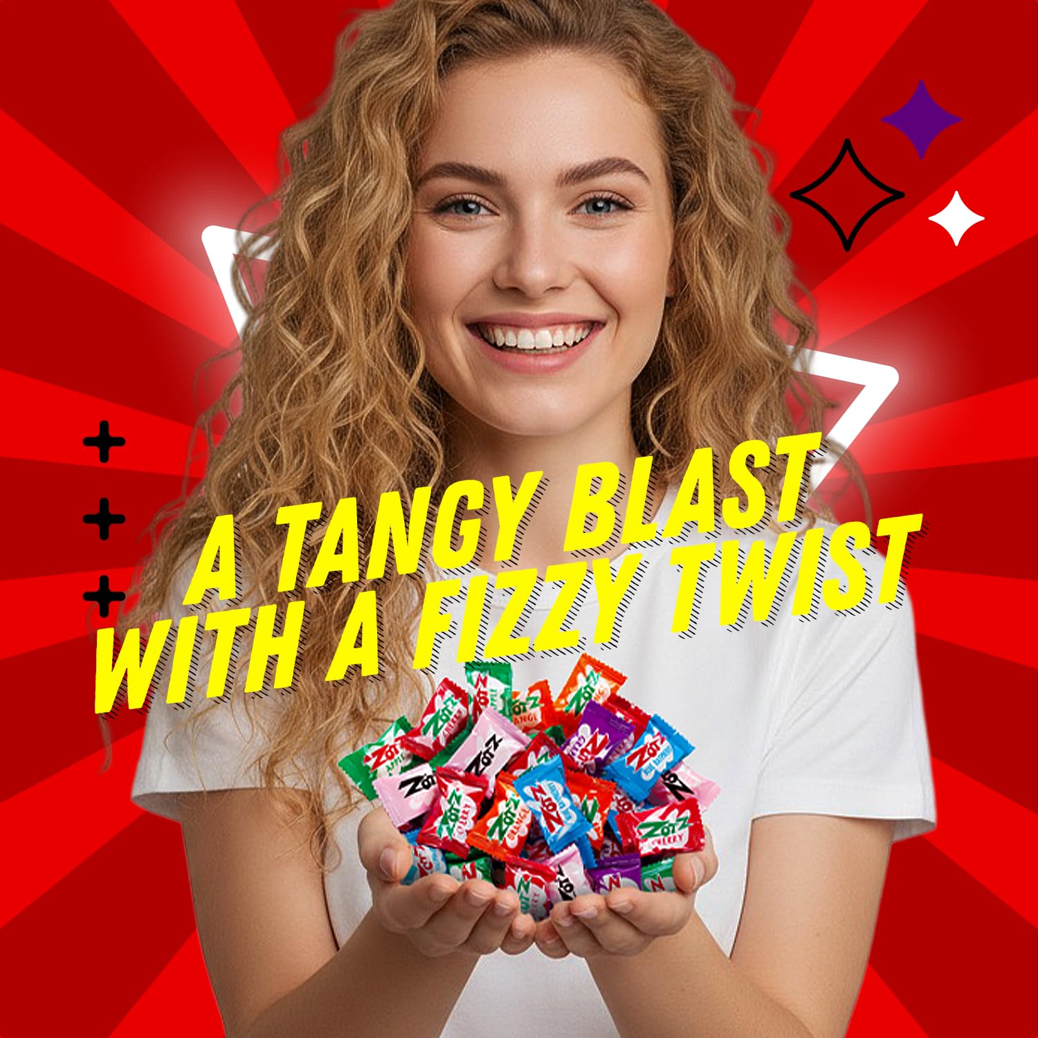 Zotz Fizzy Bulk Candy (Assorted, 100 Units)- Hard Candy Individually Wrapped- Assorted 7 Fruit Flavors, Cherry, Watermelon, Strawberry, Blue Raspberry, Apple, Orange & Grape- From Italy Since 1970