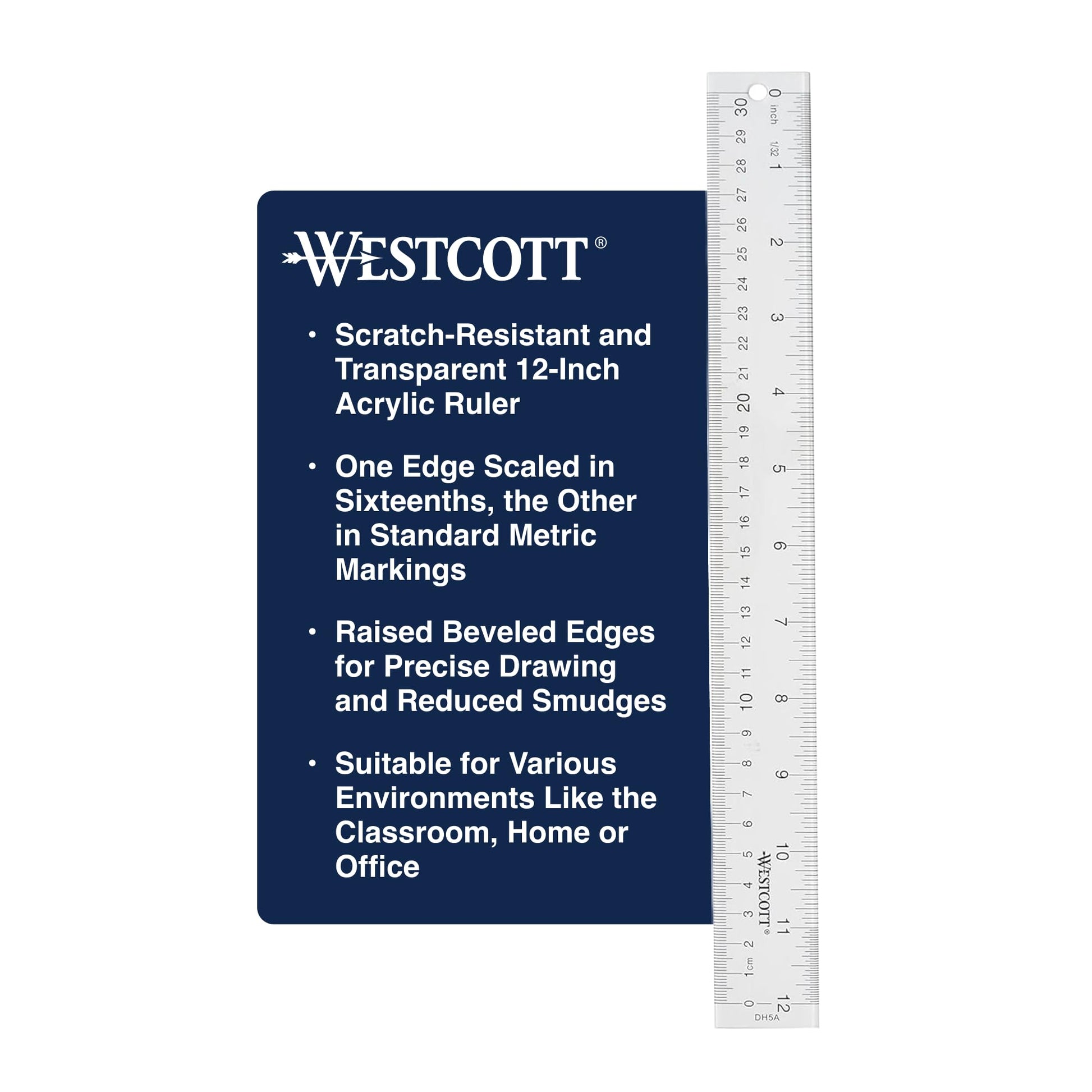 Westcott Acrylic Clear Ruler, Easy-to-Read Markings, Scratch-Resistant Design, Raised Beveled Edges, for Crafting, Office, Classroom, Back to School, School Supplies, 12-Inch