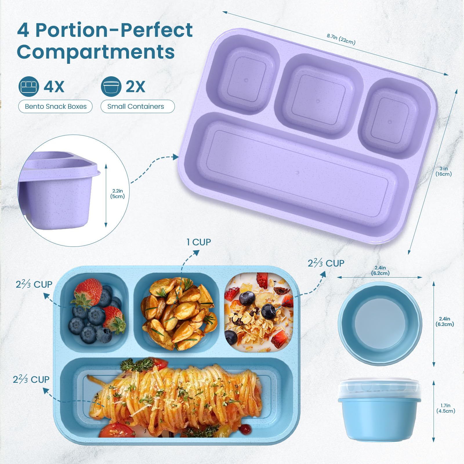 KHOXU Snackle Box Container, 4-Compartment Bento Lunch Box for Kids Women Men Adults, 44Oz/1300ML Meal Prep Boxes Reusable with 2 Sauce Containers & Utensils, 4 Pack (Wheat)