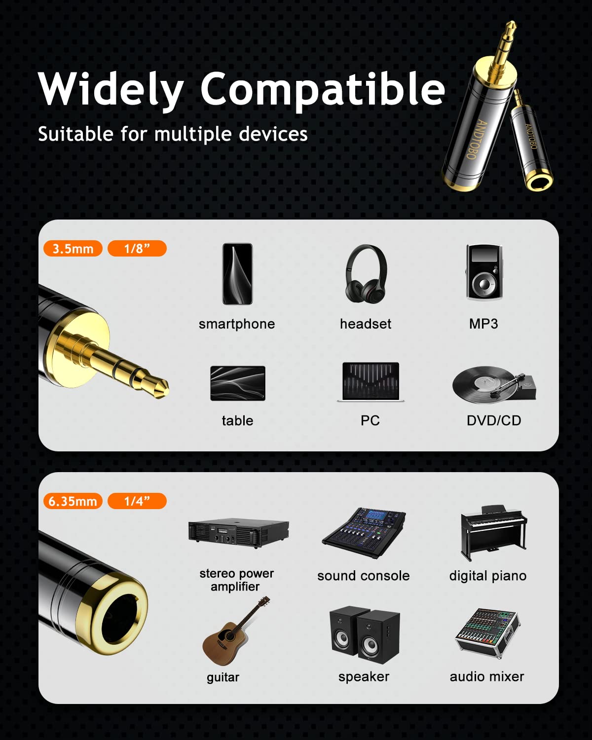 ANDTOBO 1/4'' to 3.5 mm Stereo Pure Copper Headphone Adapter, 3.5 mm(1/8'') Plug Male to 6.35 mm (1/4'') Jack Female Stereo Adapter for Headphone, Amp Adapter, Black 2-Pack