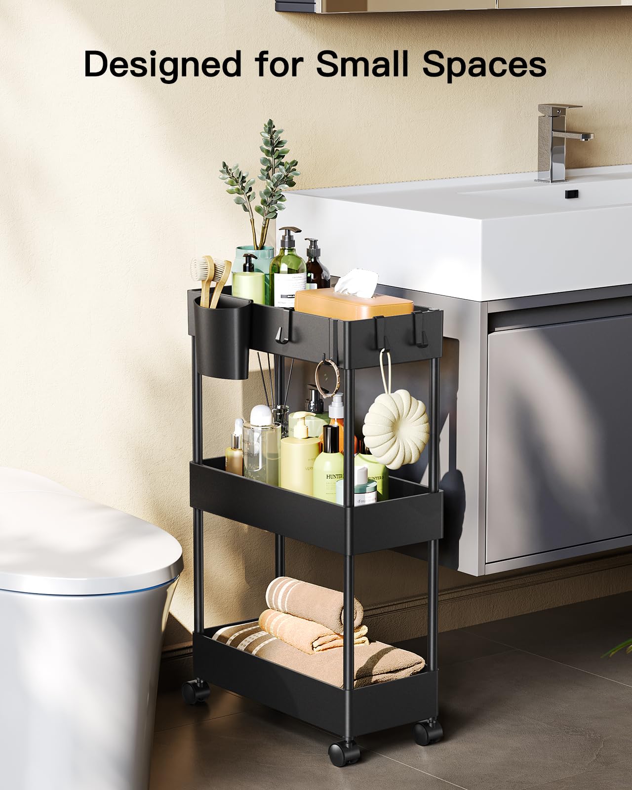 Pipishell Slim Storage Cart with Wheels - 3 Tier Bathroom Organizers and Storage Cart - Rolling Carts for Bathroom, Kitchen, Narrow Space, Laundry Room,Black