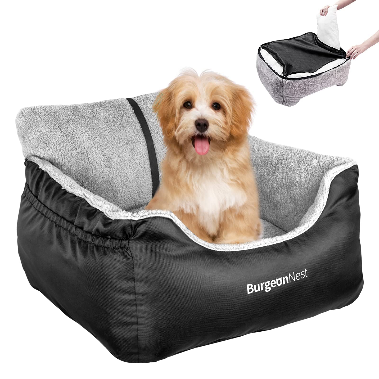 BurgeonNest Hundeautositz für kleine Hunde, weiches Reisebett für Haustiere, unter 11 kg, vollständig abnehmbarer und waschbarer Katzenbooster-Autositz mit Aufbewahrungstaschen und Clip-Leine, tragbare Transportbox, Schwarz