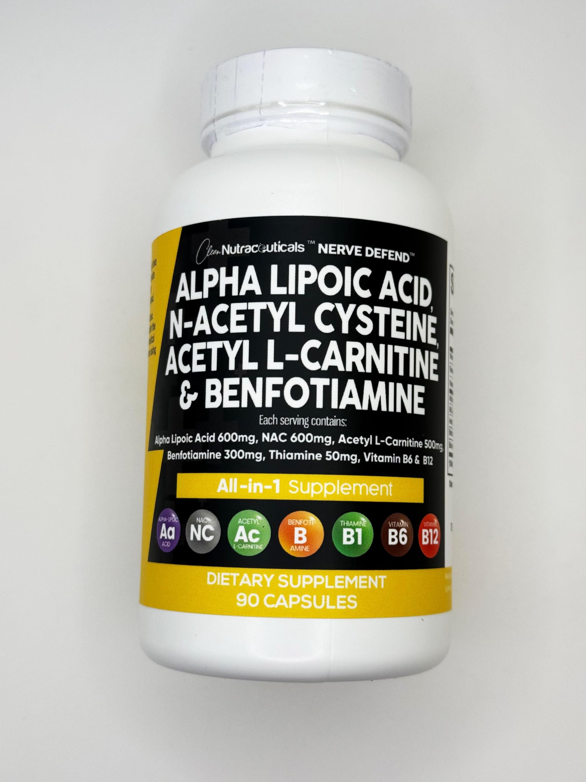 Alpha Lipoic Acid 600mg N-Acetyl Cysteine 600mg Acetyl L-Carnitine 500mg Benfotiamine 300mg - Nerve Support Supplement for Women and Men with Vitamin B1, B6 & B12 - Made in USA 90 Caps