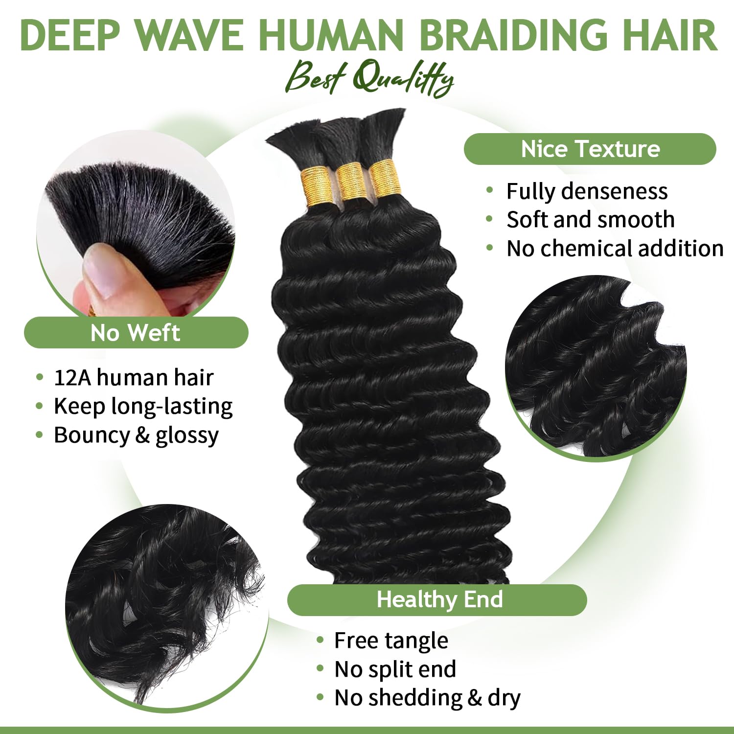 Human Braiding Hair for Boho Braids 120g 20 Inch 12A Deep Water Wave Bulk Human Hair Knotless Boho Braiding Curly 100% Virgin No Weft Extensions Bohemian Braids 3 Bundles/Pack Natural Color