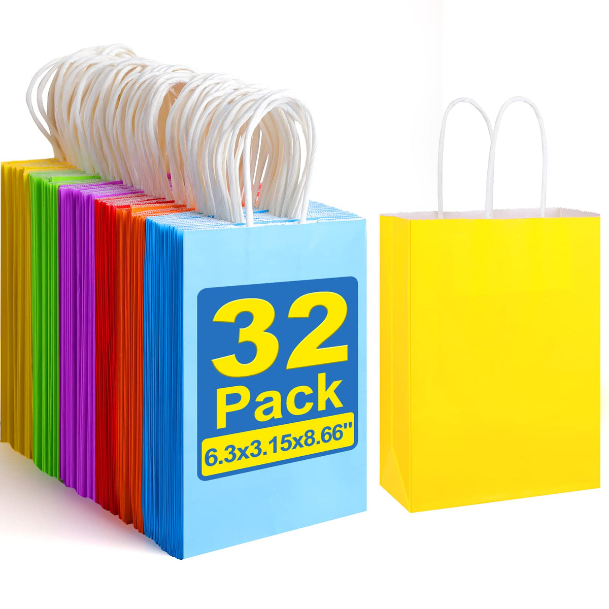 XPCARE 32 قطعة أكياس هدايا ورقية، أكياس حفلات كرافت 6.3 بوصة × 3.15 بوصة × 8.66 بوصة بالجملة، أكياس هدايا صغيرة قوس قزح مع مقابض لأعياد ميلاد الأطفال وحفلات استقبال المولود والحرف اليدوية ومستلزمات حفلات الزفاف (6 ألوان)