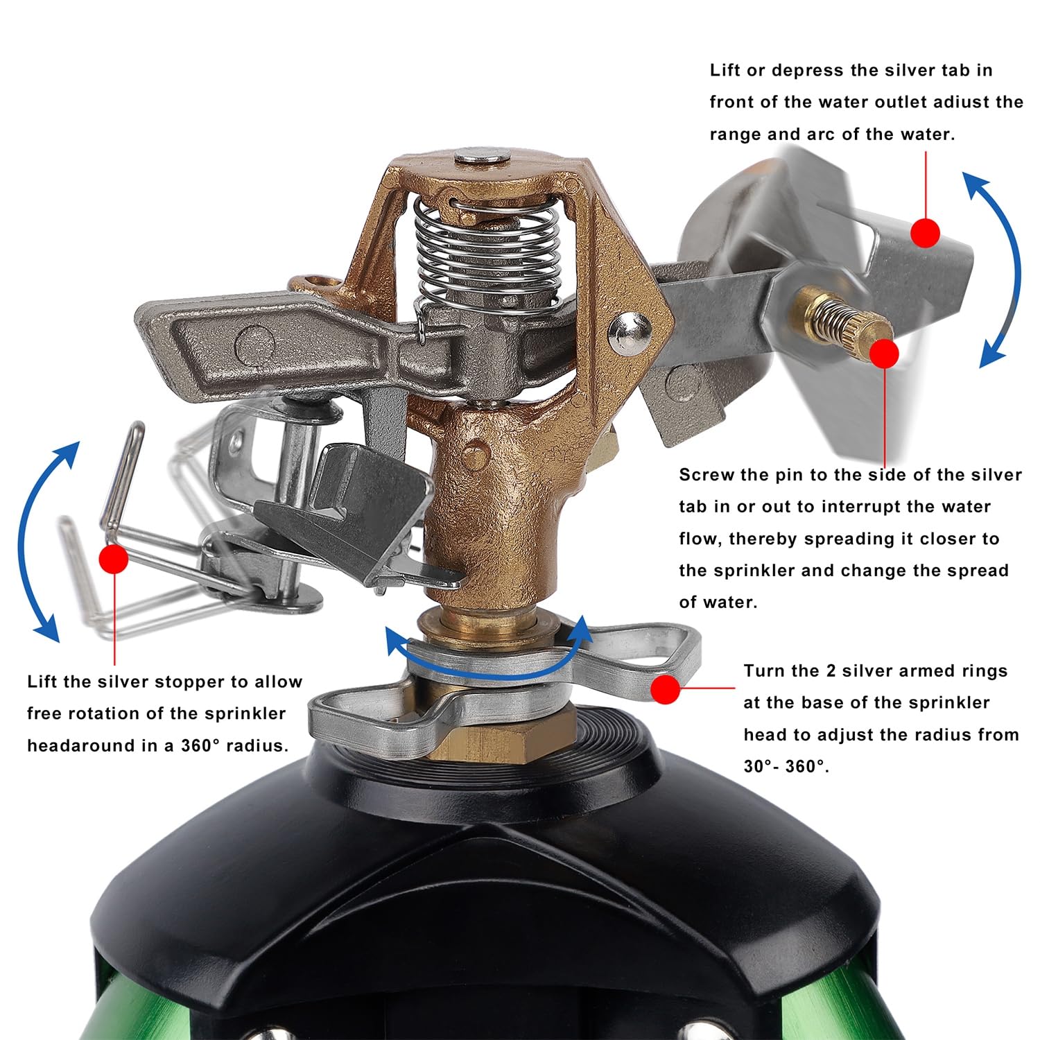 Biswing Impact Sprinkler Head on Tripod Base, Heavy Duty Lawn Sprinklers, 360 Degree Large Area Irrigation, Brass Sprinkler Nozzle & Solid Alloy Metal Extension Legs Flip Locks, 1 Pack
