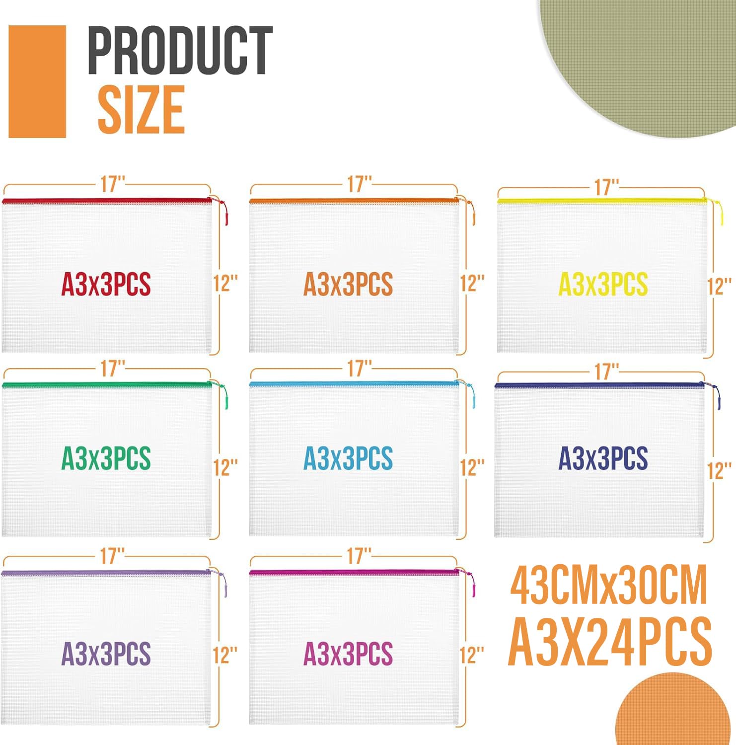 24pcs Mesh Zipper Pouch File Bags Puzzle Storage Bags, A3 17x12 Inches Large Reusable Zipper Pouches for Organizing Classroom Board Game Organization