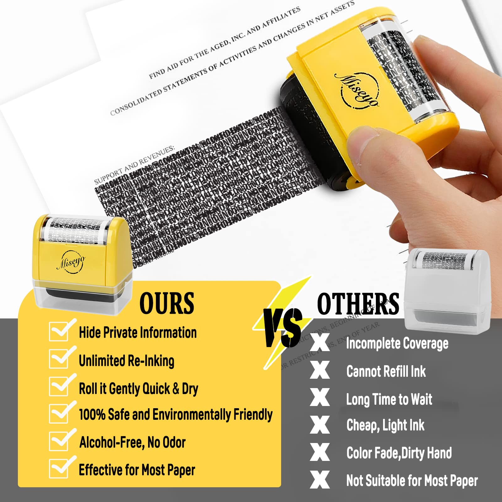 Miseyo Wide Identity Theft Protection Roller Stamp Set - Yellow (3 Refill Ink Included)